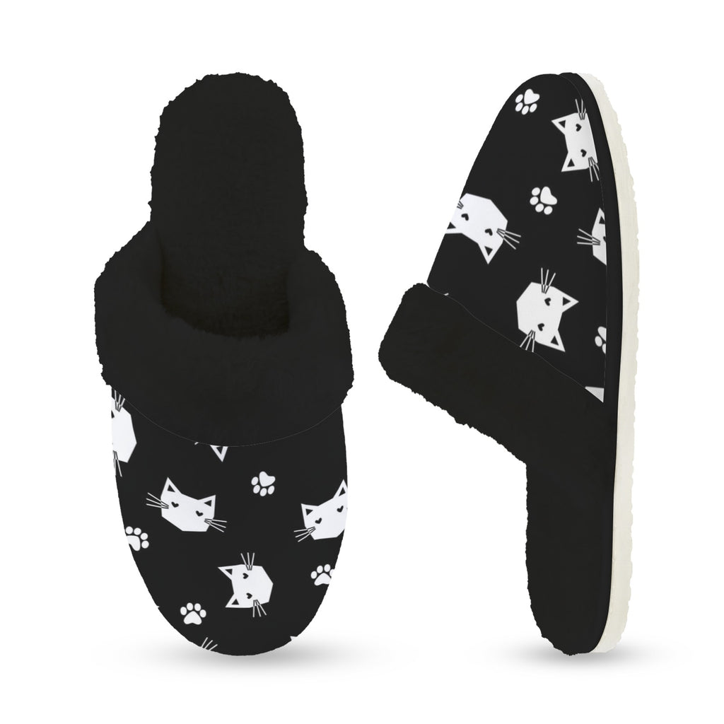 Geometric Cat Faces Women's Fur Trim Thick-Sole Indoor Slippers Women's Fur Trimmed Slippers animal Printed Offshore