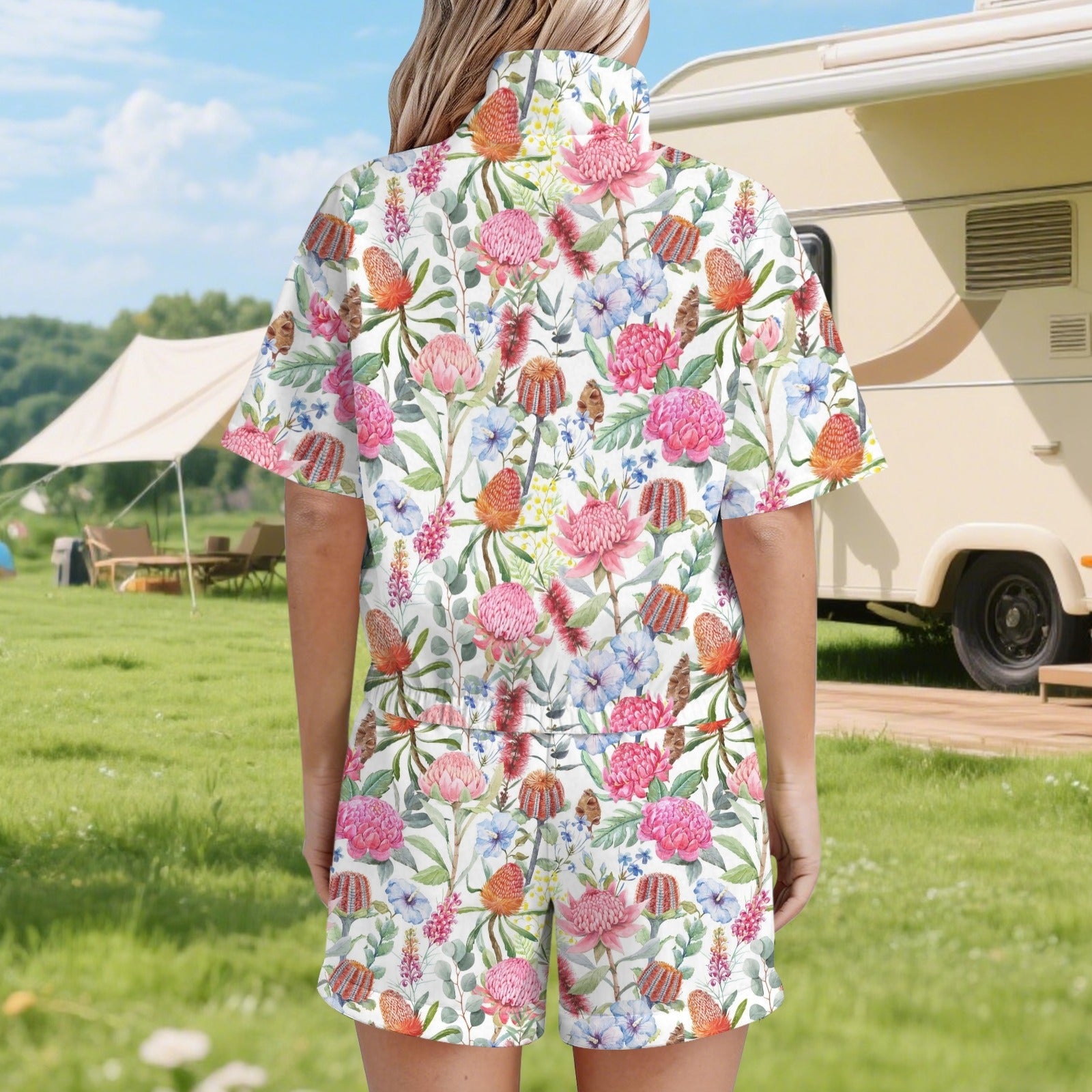 Australian Flowers Women's Windbreaker Short Set Women's Windbreaker Short Set Plants Printed Offshore