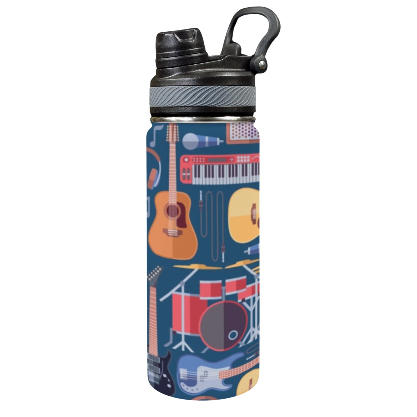 Music Instruments Blue - Insulated Water Bottle with Dual-Use Lid (18oz) One Size Insulated Water Bottle with Dual-Use Lid (18oz) Music Printed Offshore
