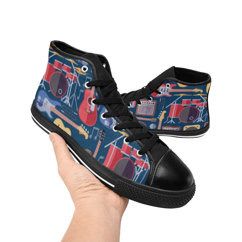 Music Instruments Blue - Kids High Top Canvas Shoes
