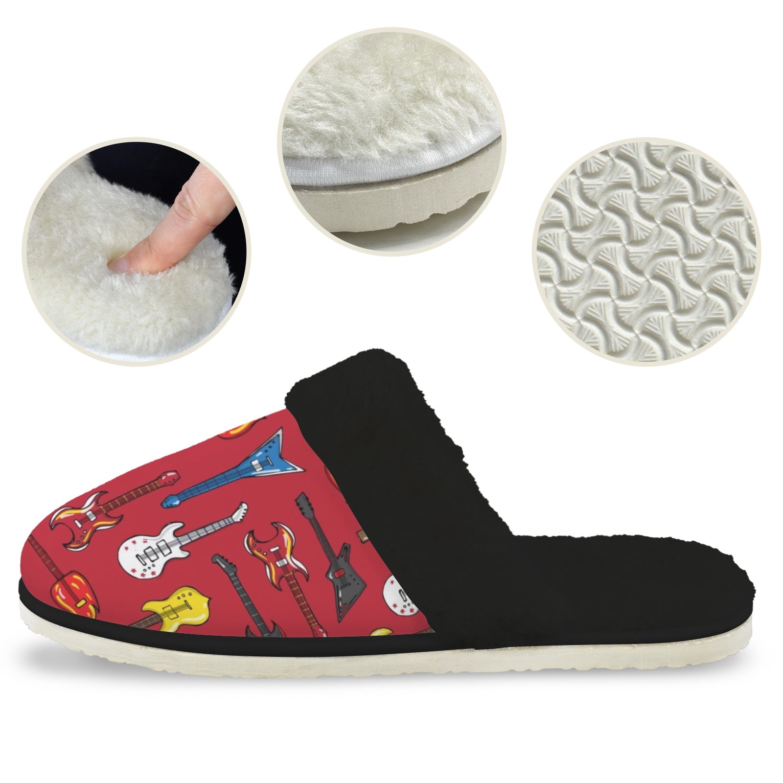 Guitars On Red Women's Fur Trim Thick-Sole Indoor Slippers Women's Fur Trimmed Slippers Music Printed Offshore