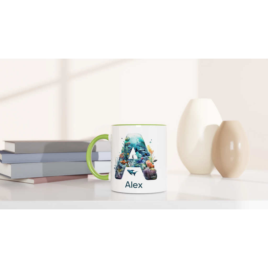 Coral Sea Initial 11oz Ceramic Mug Personalised 11oz Mug customise Globally Fulfilled Initial Name Ocean personalise
