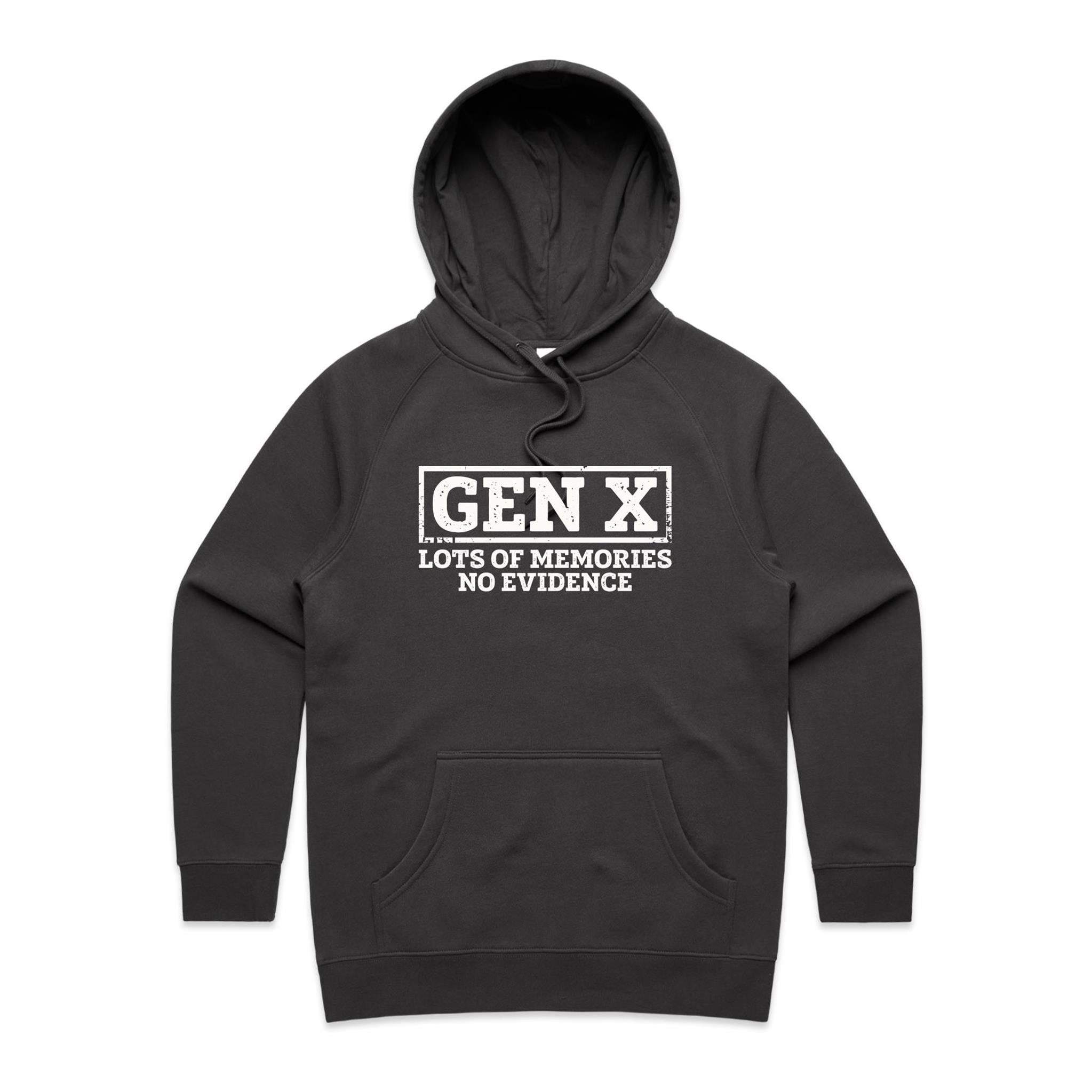 Gen X, Lots Of Memories, No Evidence - Womens Hoodie Coal Womens Hoodie Printed In Australia