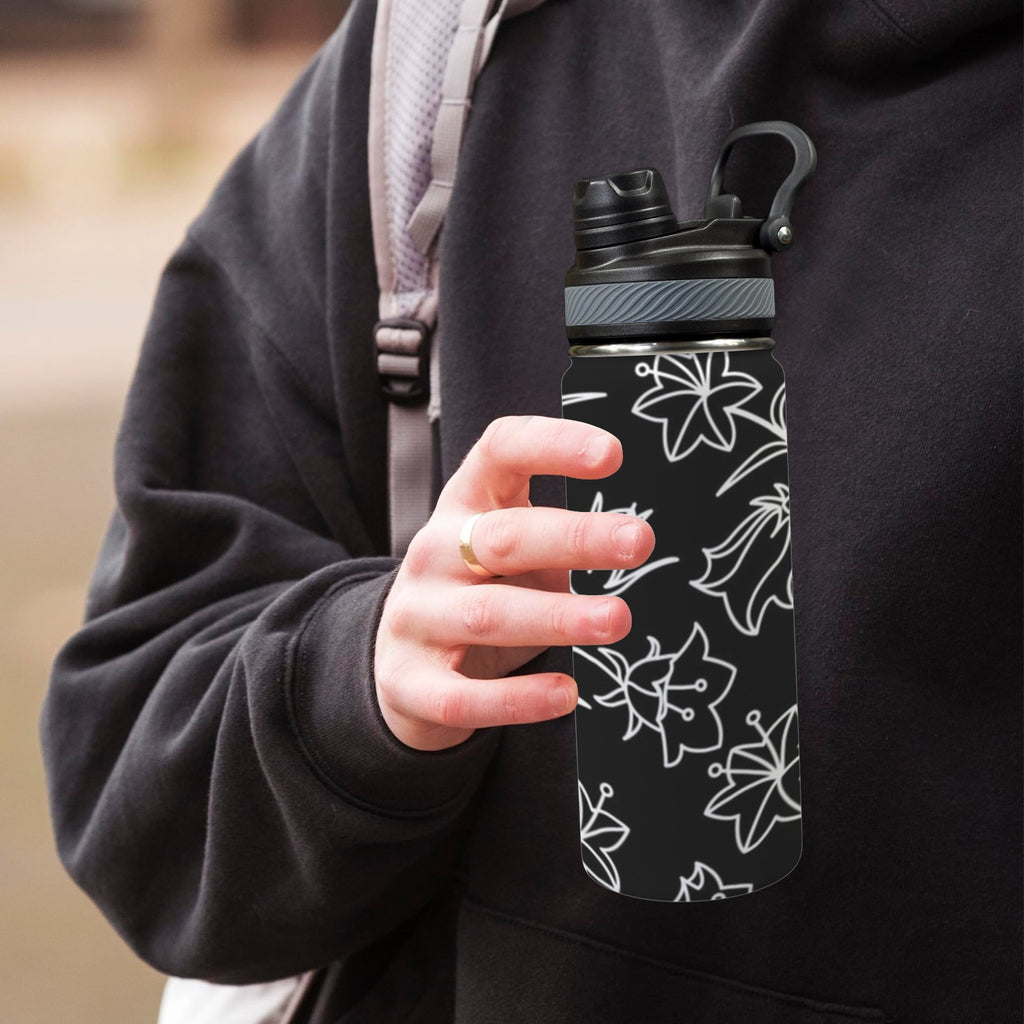 Black And White Floral - Insulated Water Bottle with Dual-Use Lid (18oz) Insulated Water Bottle with Dual-Use Lid (18oz) Plants Printed Offshore