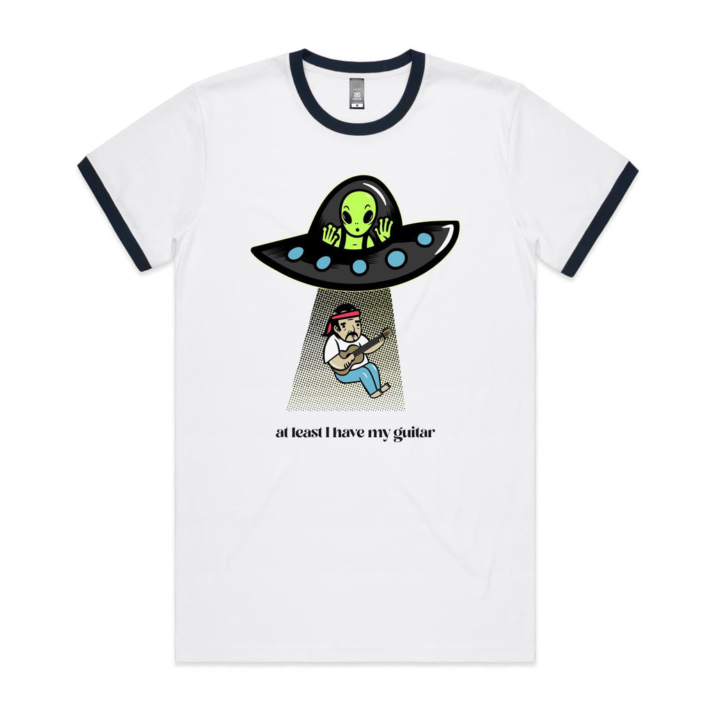 Guitarist Alien Abduction, UFO - Staple Ringer Tee White Navy Ringer T-Shirt Music Printed In Australia Sci Fi