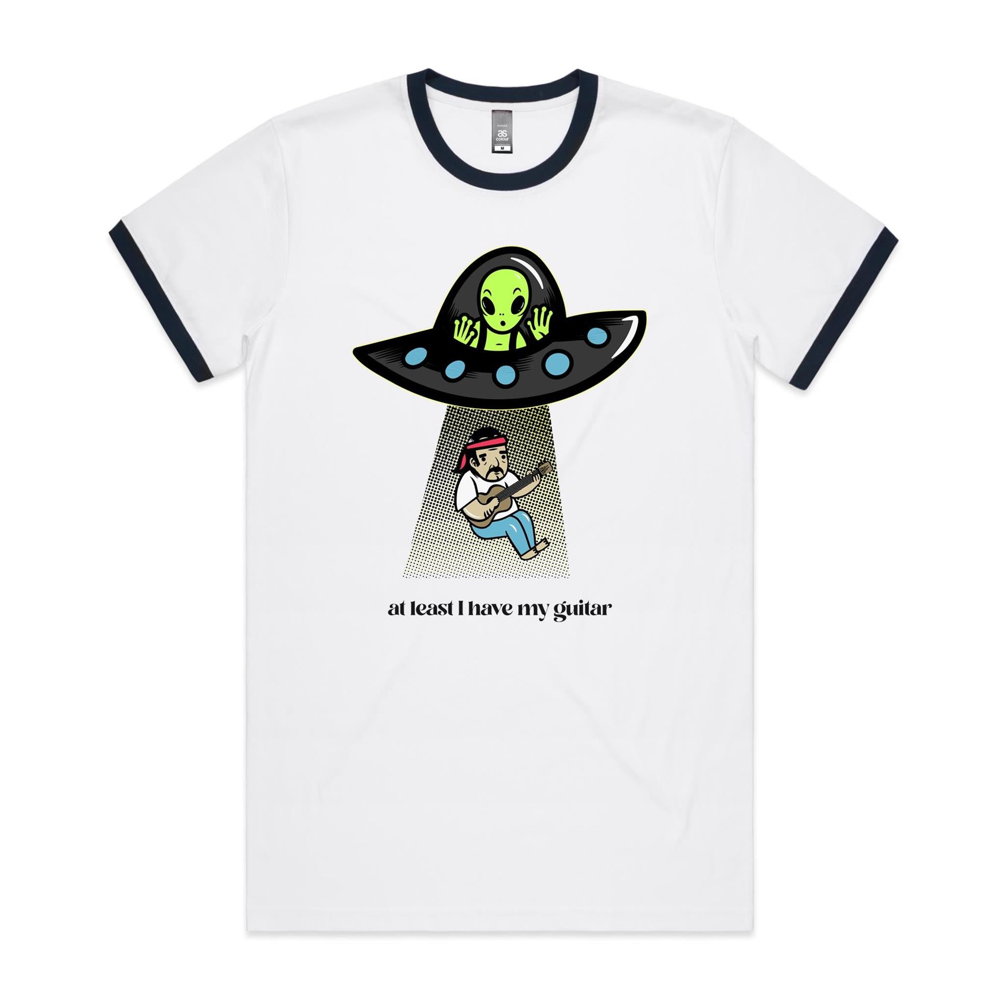 Guitarist Alien Abduction, UFO - Staple Ringer Tee White Navy Ringer T-Shirt Music Printed In Australia Sci Fi