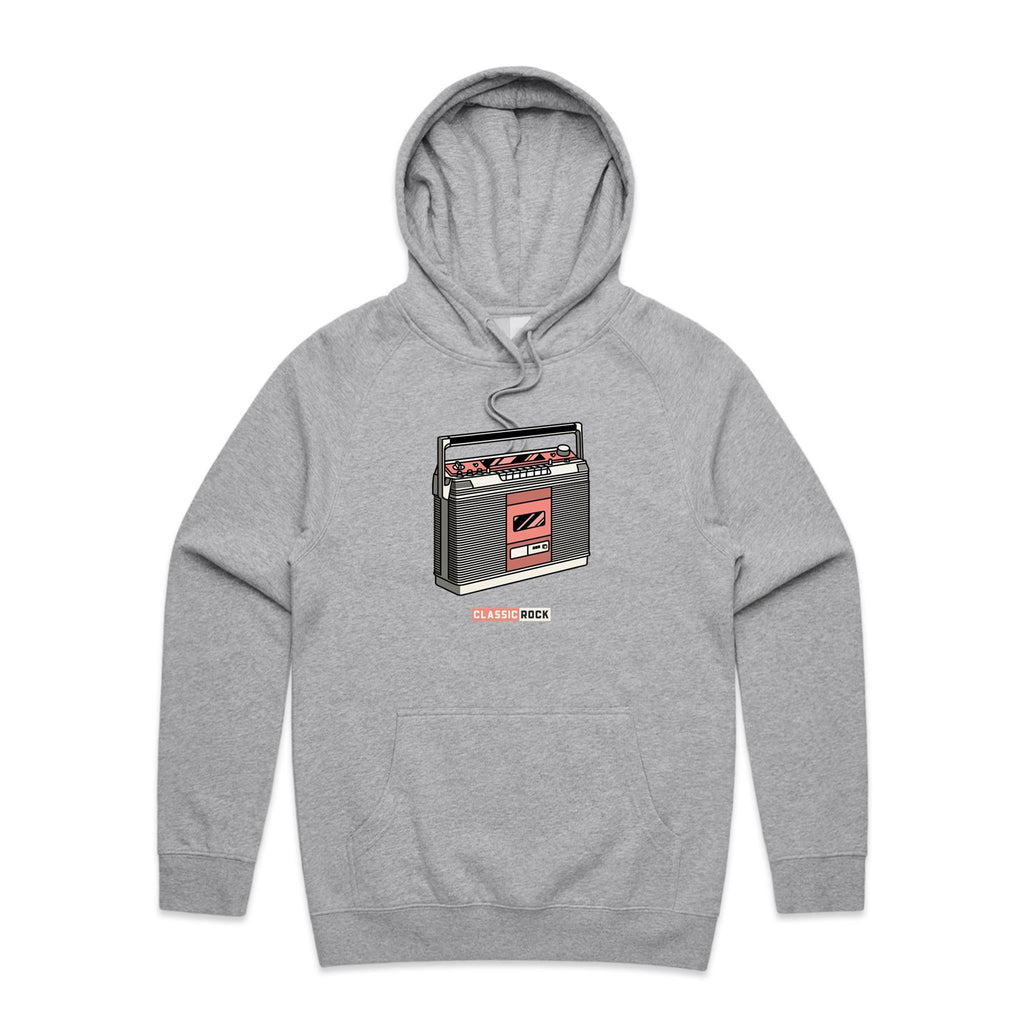 Classic Rock, Cassette Player - Mens Hoodie Grey Marle Mens Hoodie Music Printed In Australia