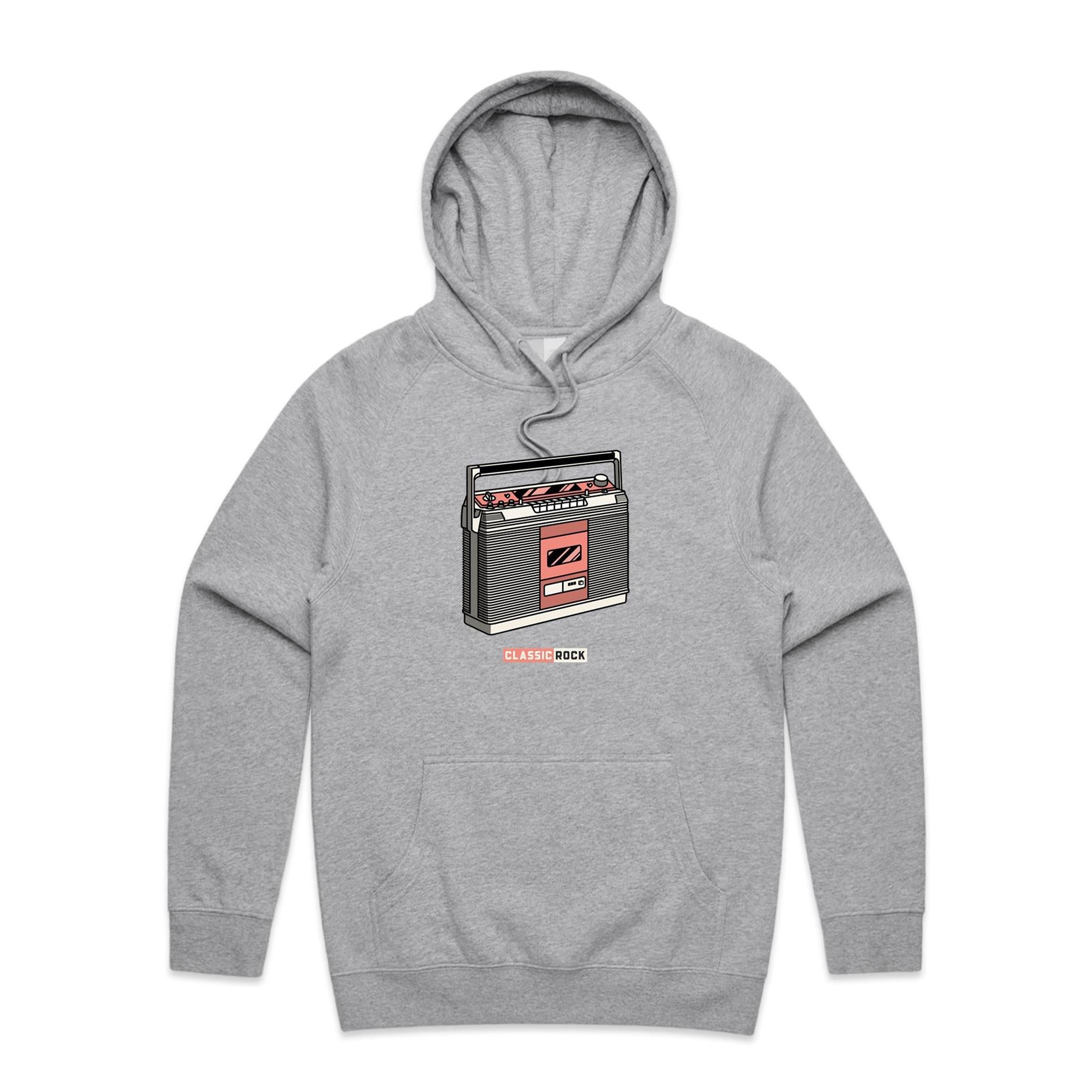 Classic Rock, Cassette Player - Mens Hoodie Grey Marle Mens Hoodie Music Printed In Australia
