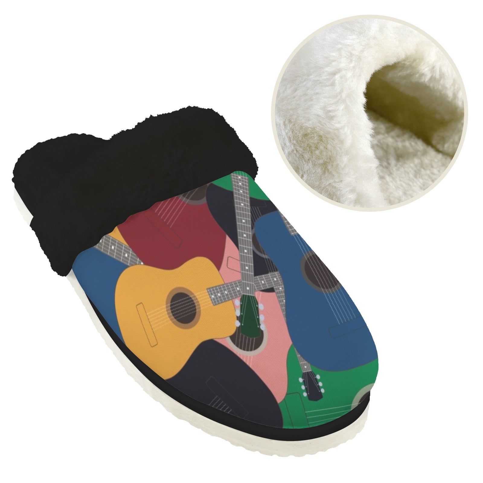 Colourful Guitars Women's Fur Trim Thick-Sole Indoor Slippers Women's Fur Trimmed Slippers Music Printed Offshore