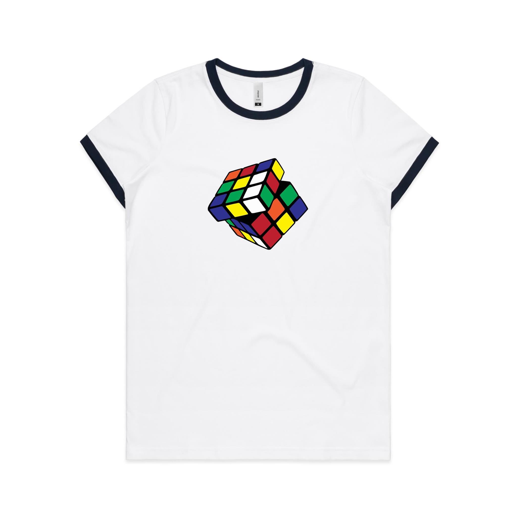 Game Cube - Women's Ringer Tee White Navy Womens Ringer T-shirt Games Printed In Australia