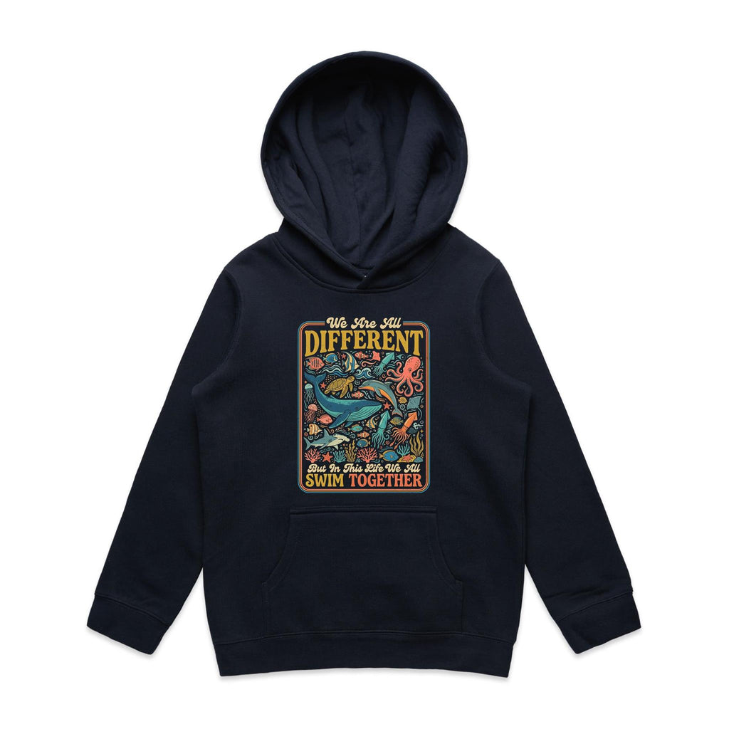 We Are All Different, But We All Swim Together Kid's AS Colour Hoodie Navy Kids Hoodie animal Ocean Positivity Printed In Australia