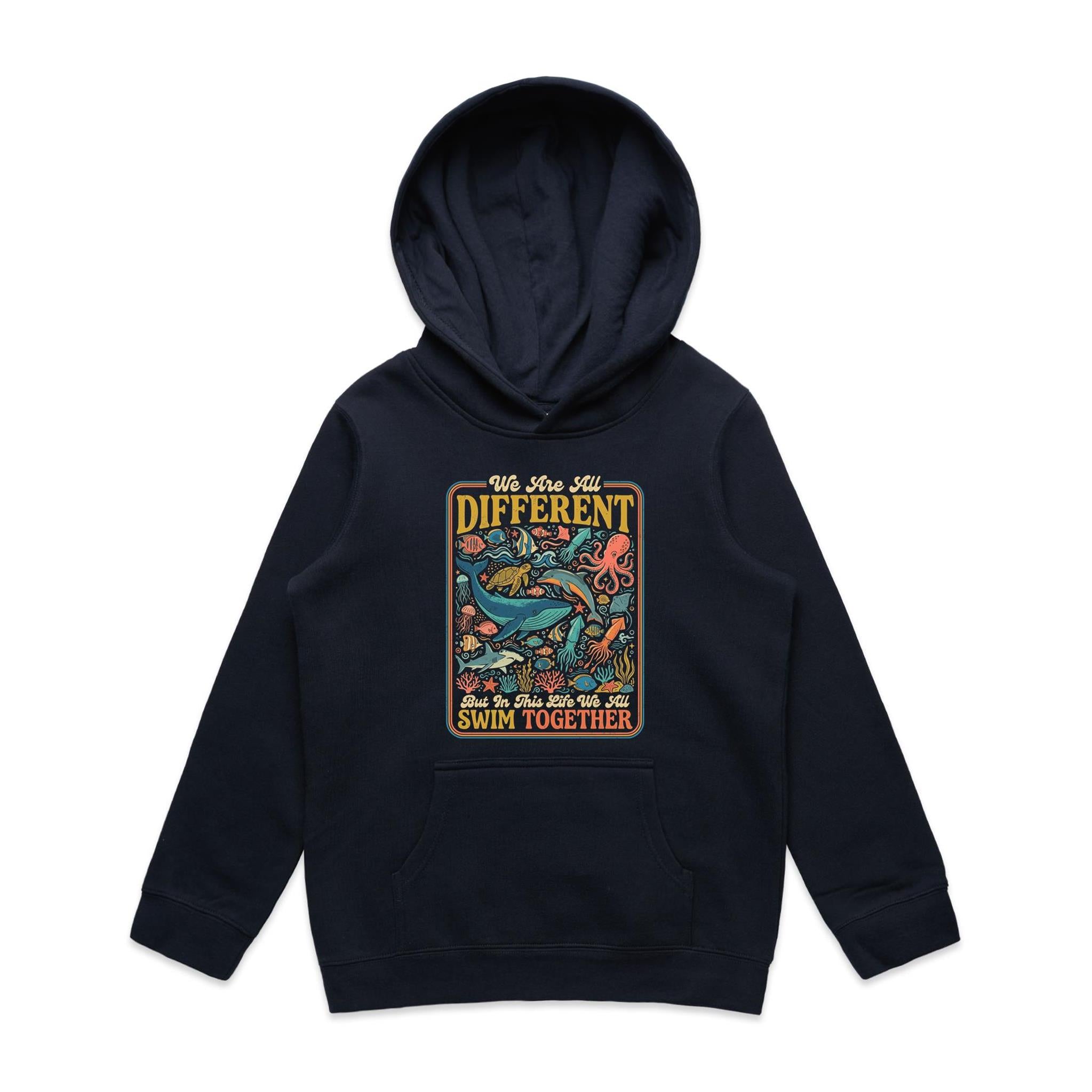We Are All Different, But We All Swim Together - Kid's AS Colour Hoodie Navy Kids Hoodie animal Ocean Positivity Printed In Australia