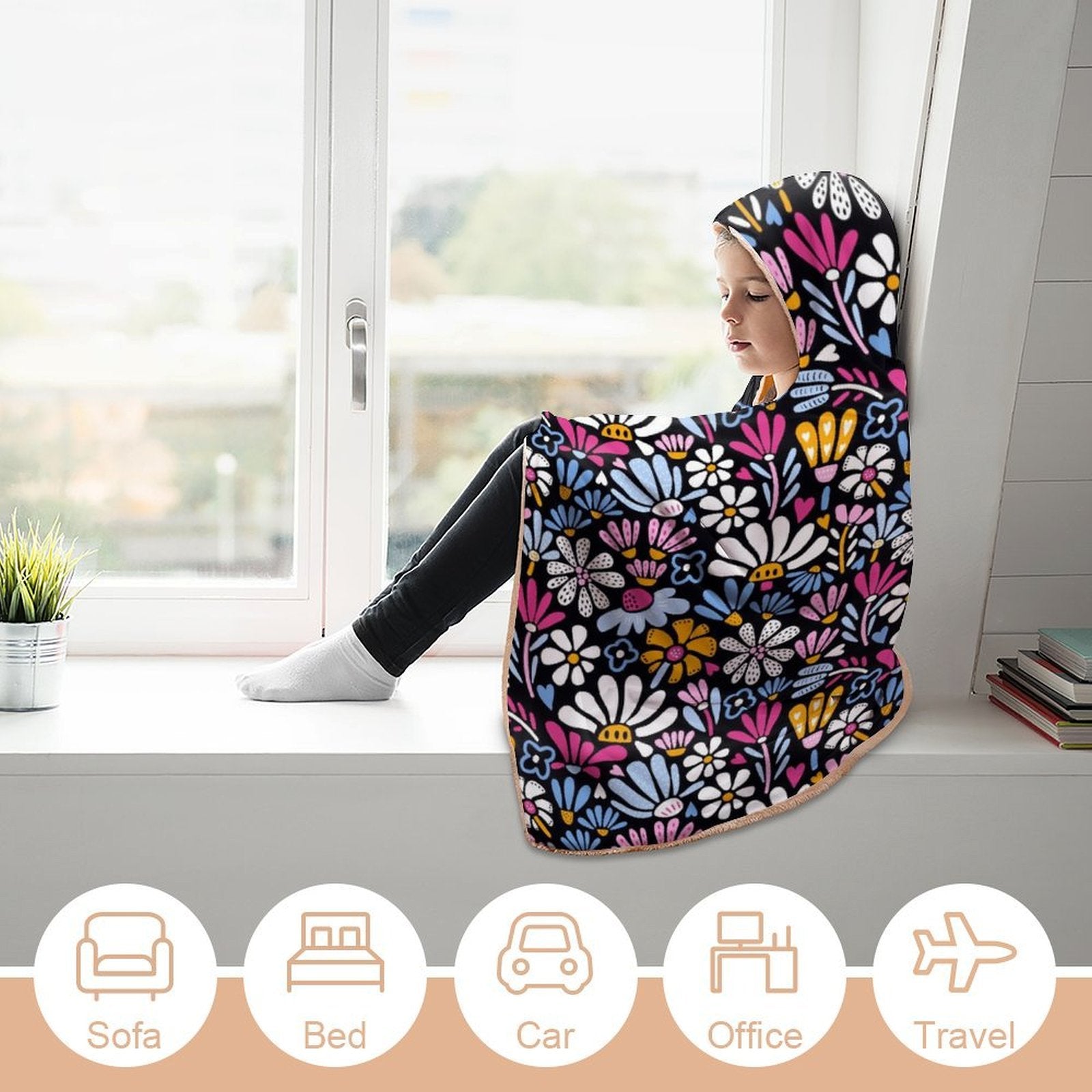 Graphic Flowers On Black Kids Hooded Blanket 100cm x 130cm Kids Hooded Blanket Plants Printed Offshore