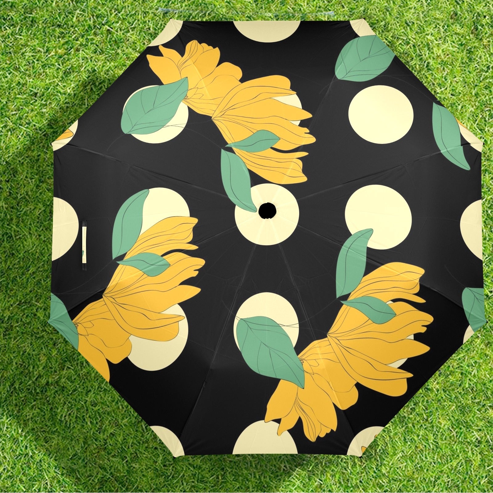 Yellow Flowers And Dots - Semi-Automatic Foldable Umbrella (Model U12) Semi-Automatic Foldable Umbrella (U12)