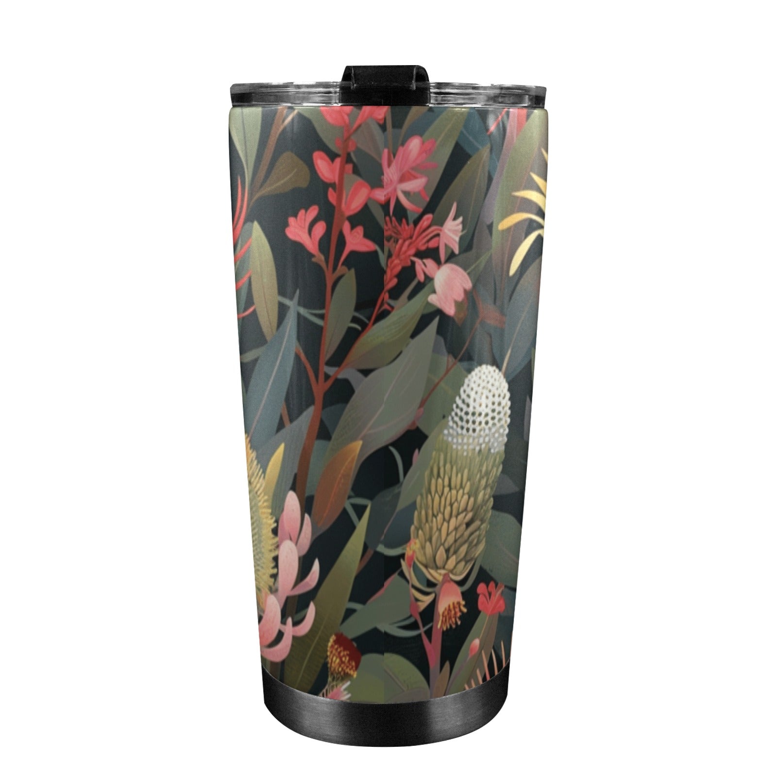 Australian Native Flowers - 20oz Mobile Tumbler with Lid (Black Lock) 20oz Travel Mug Plants Printed Offshore