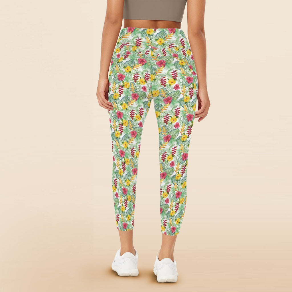 Tropical Flowers On White Women's High Waist Pockets Yoga Leggings Women's High Waist Pockets Yoga Leggings Plants Printed Offshore