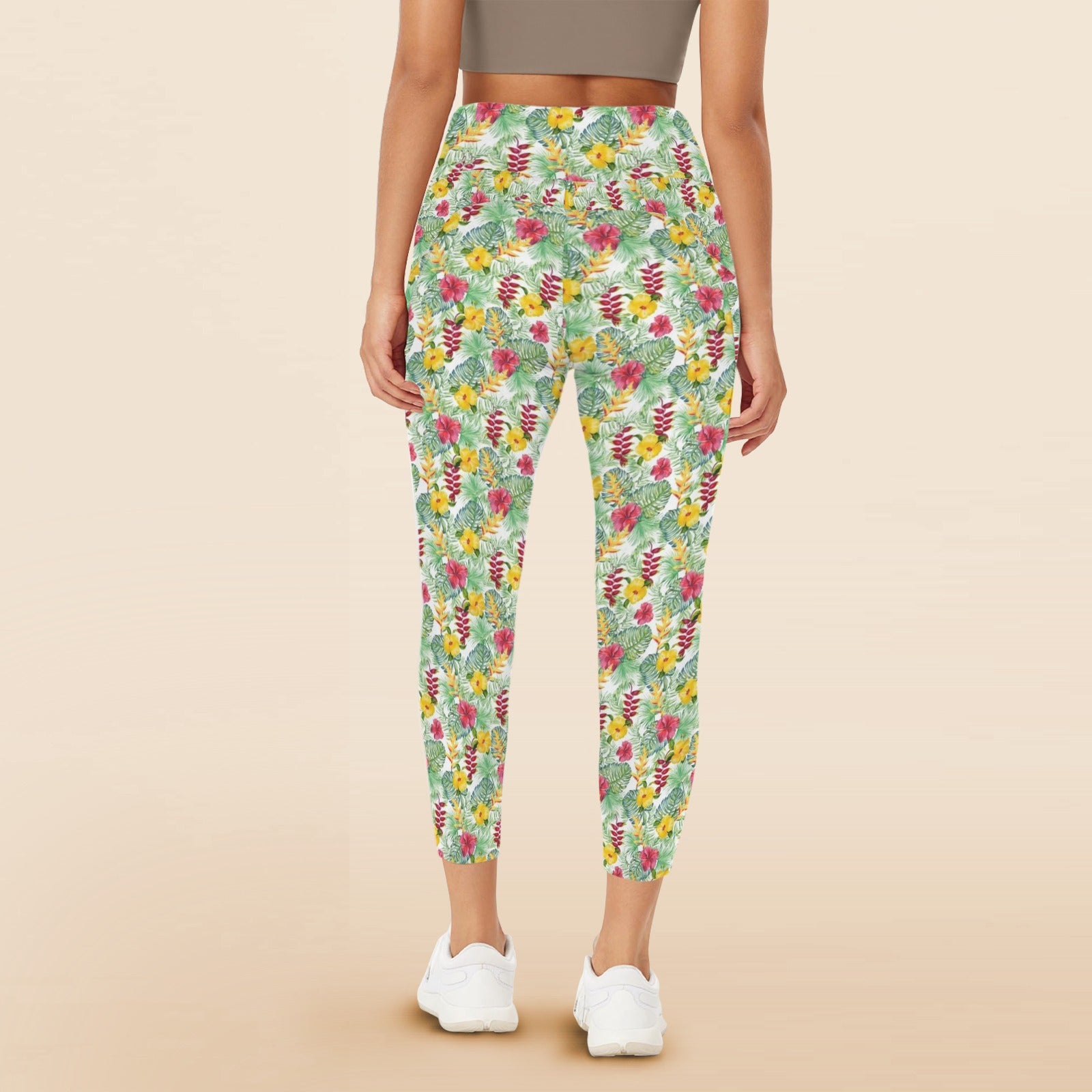 Tropical Flowers On White Women's High Waist Pockets Yoga Leggings Women's High Waist Pockets Yoga Leggings Plants Printed Offshore