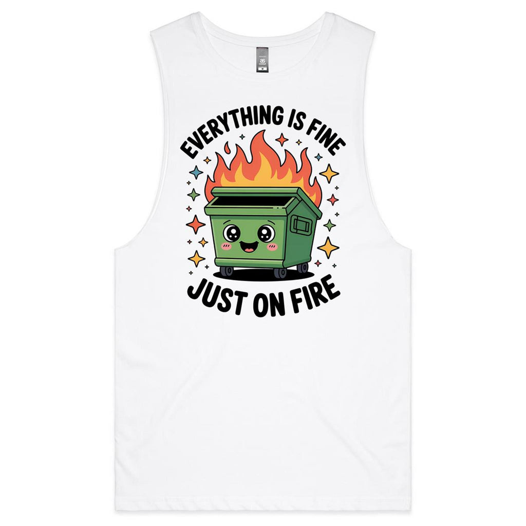 Skip Bin, Dumpster Fire Mens Men's AS Colour Drop Arm Tank Top White Drop Arm Tank Top Printed In Australia