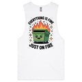 Skip Bin, Dumpster Fire Mens Men's AS Colour Drop Arm Tank Top White Drop Arm Tank Top Printed In Australia