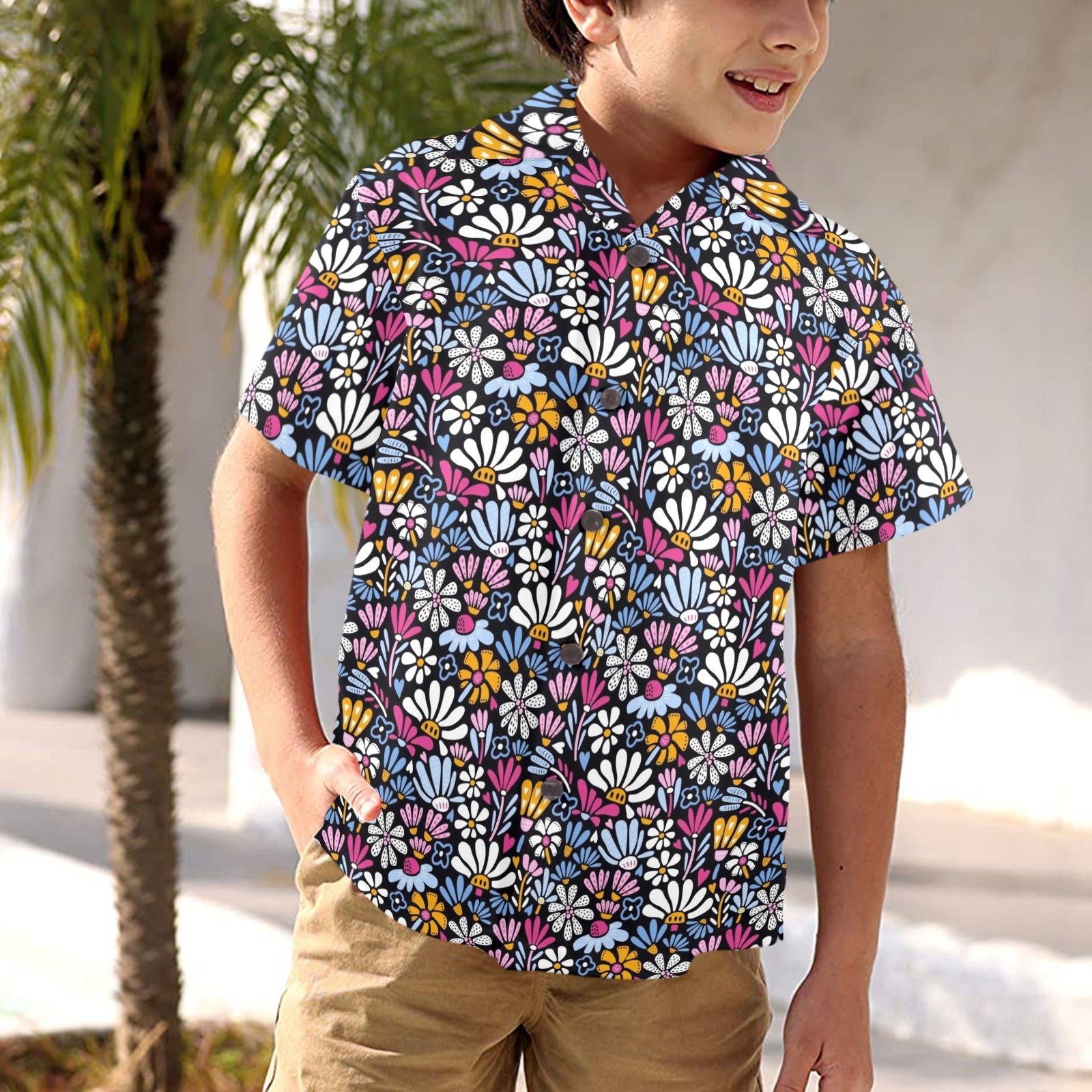 Graphic Flowers On Black Junior Kids Hawaiian Shirt