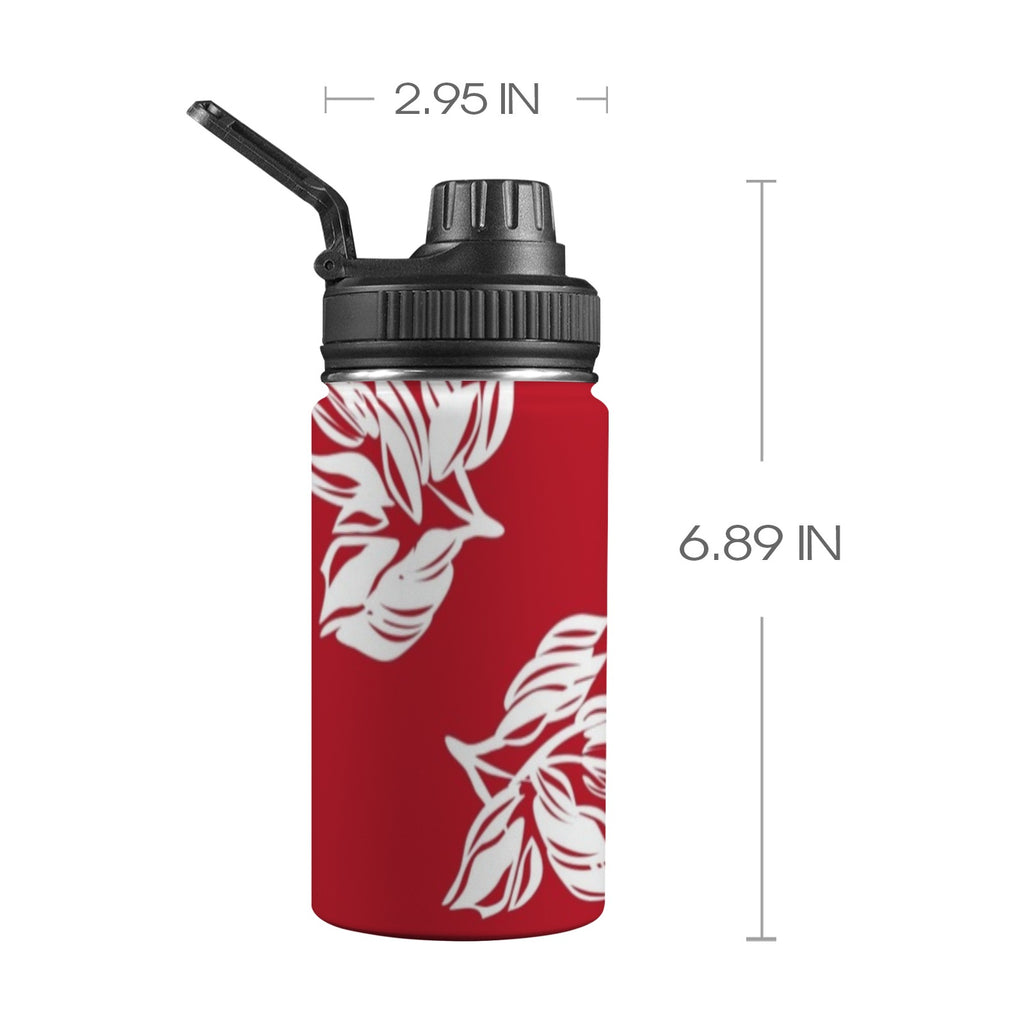Red Retro Foliage, Hawaiian Flower - Kids Water Bottle with Chug Lid (12 oz) One Size Kids Water Bottle with Chug Lid Printed Offshore Retro Surf
