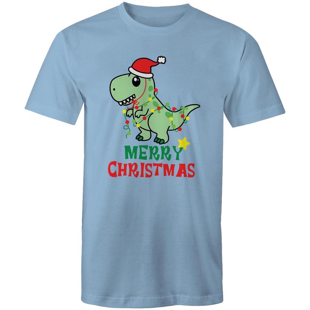 Dinosaur Santa, Merry Christmas - Mens T-Shirt Carolina Blue Mens Christmas T-shirt Christmas Printed In Australia