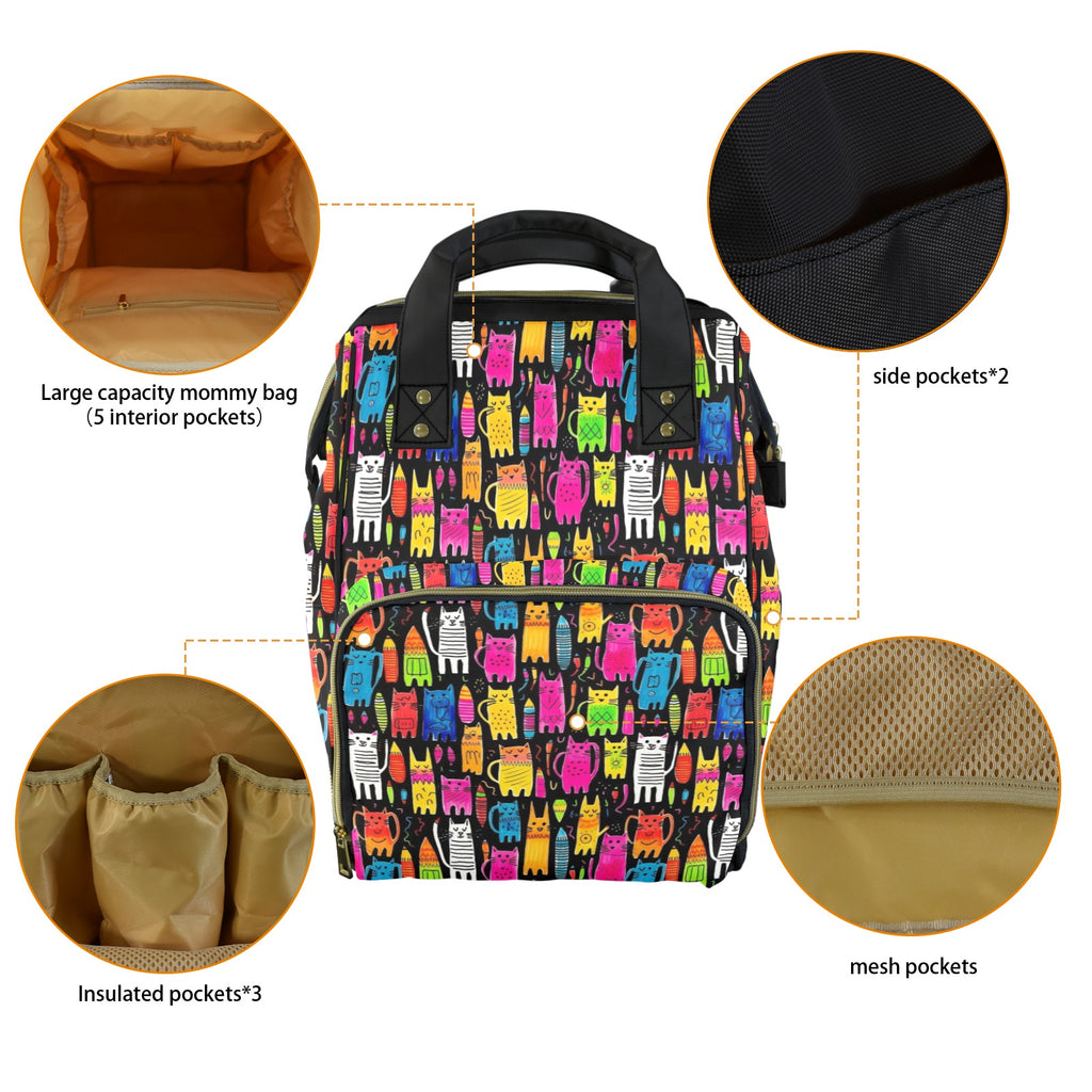 Colourful Cats - Multi-Function Backpack, Nappy / Diaper Bag