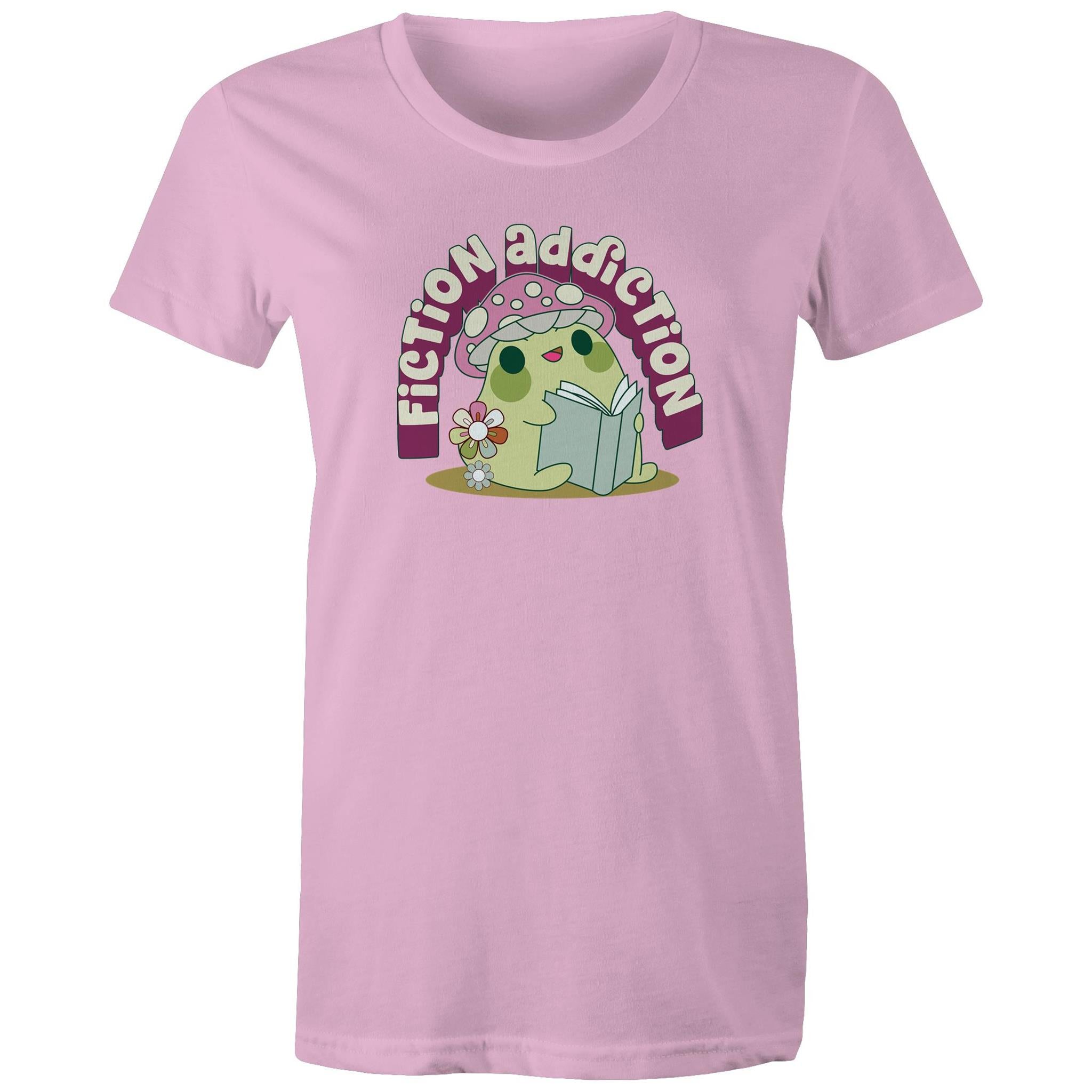 Fiction Addiction - Womens T-shirt Pink Womens T-shirt Printed In Australia Reading