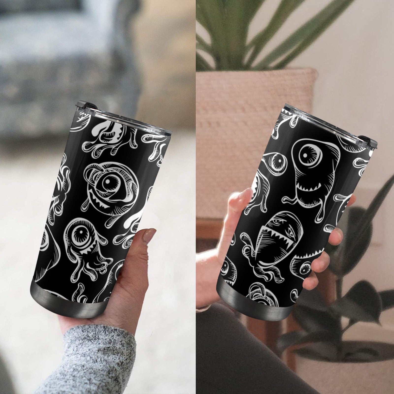 Monsters In Black And White - 20oz Mobile Tumbler with Lid (Black Lock) 20oz Travel Mug Printed Offshore Sci Fi