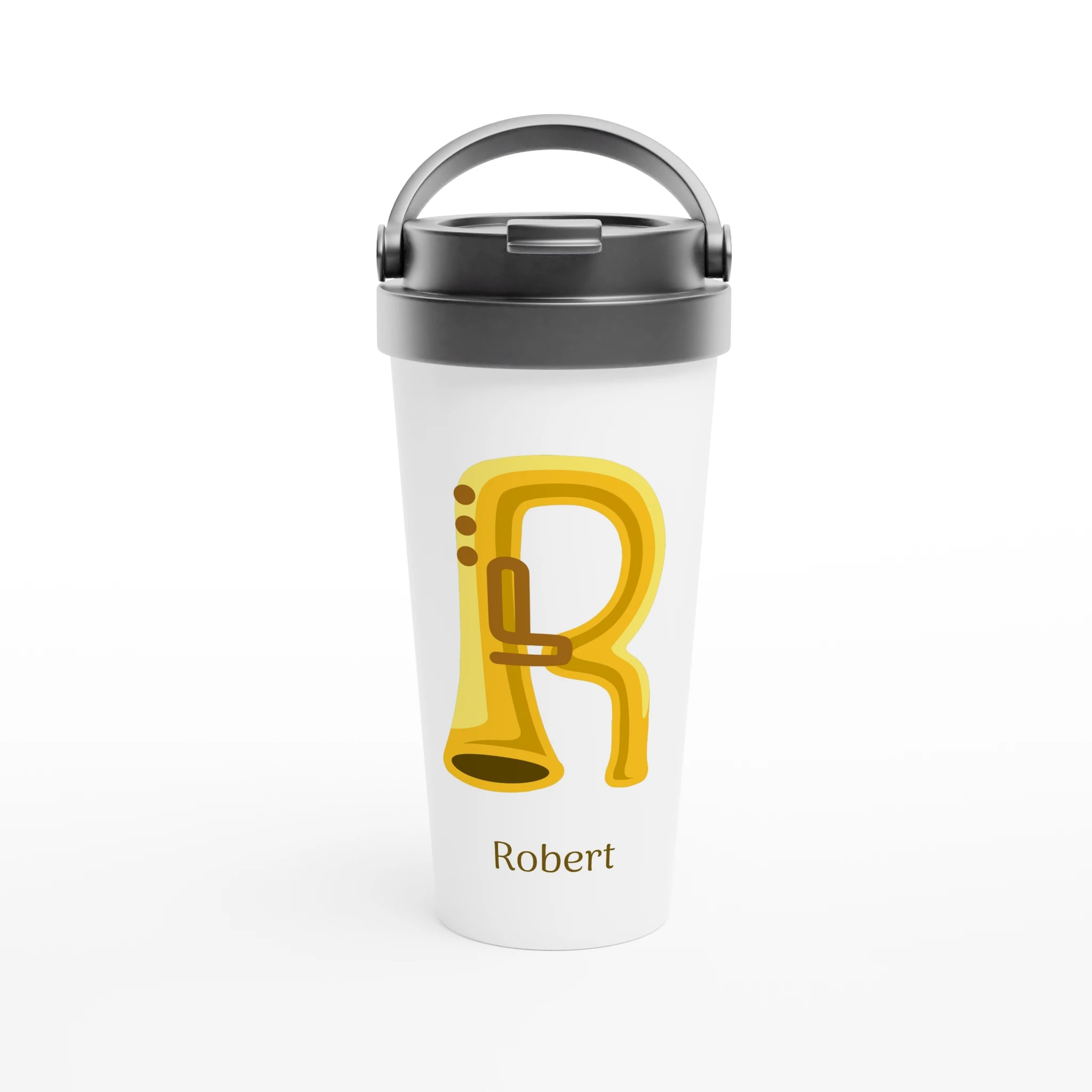 Personalised - Trumpet Initial - White 15oz Stainless Steel Travel Mug Default Title Personalised Travel Mug Customise Globally Fulfilled Initial Music Name Personalise
