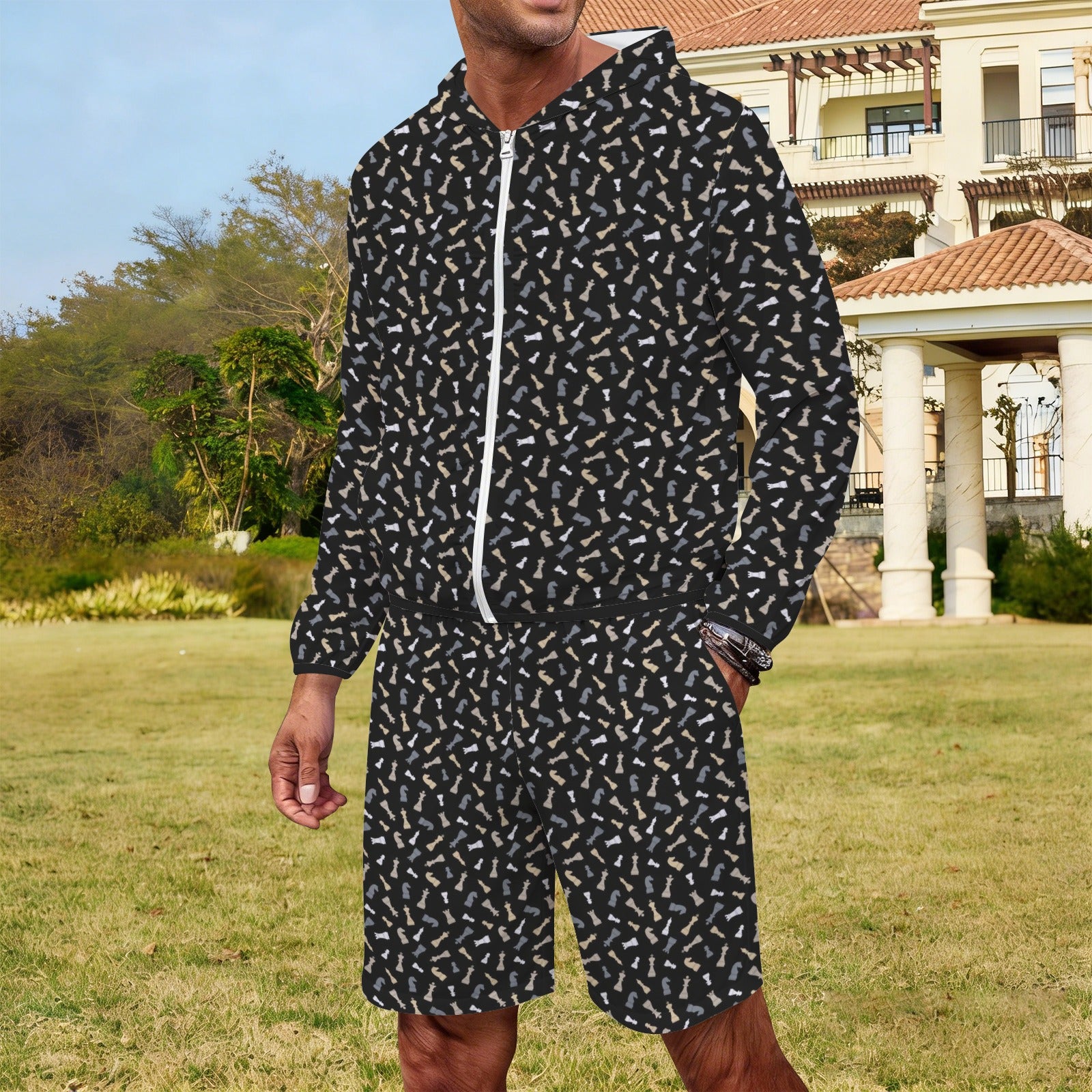 Chess Pattern Men's Lightweight Sun Hoodie & Shorts Set Men's Lightweight Sun Hoodie & Shorts Chess Games Printed Offshore