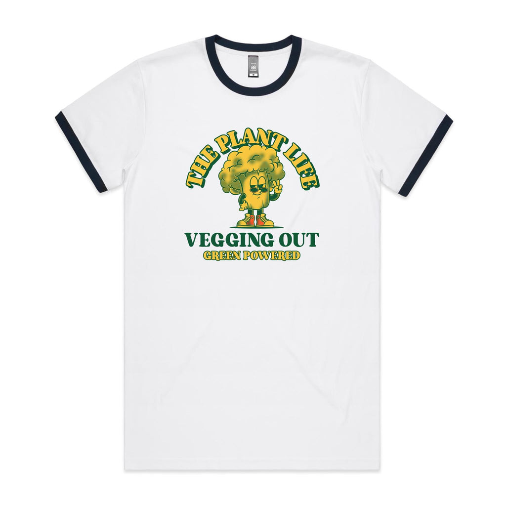 The Plant Life, Vegetarian - Staple Ringer Tee White Navy Ringer T-Shirt Food Plants Printed In Australia