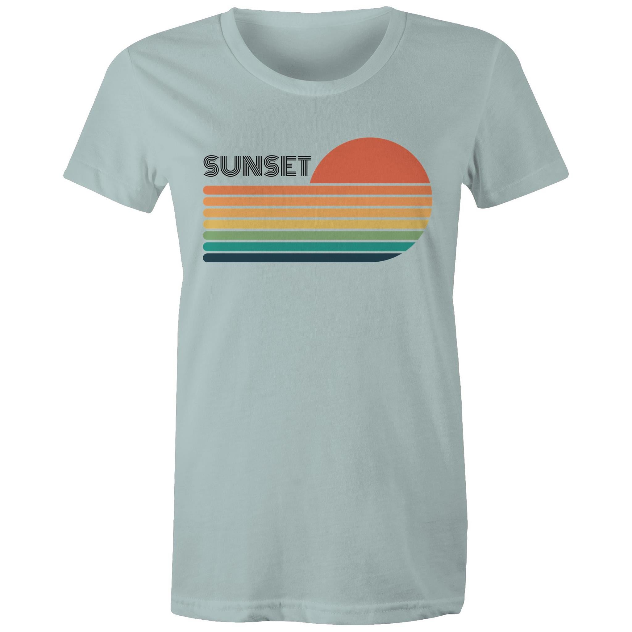 Retro Sunset - Womens T-shirt Pale Blue Womens T-shirt Printed In Australia Retro