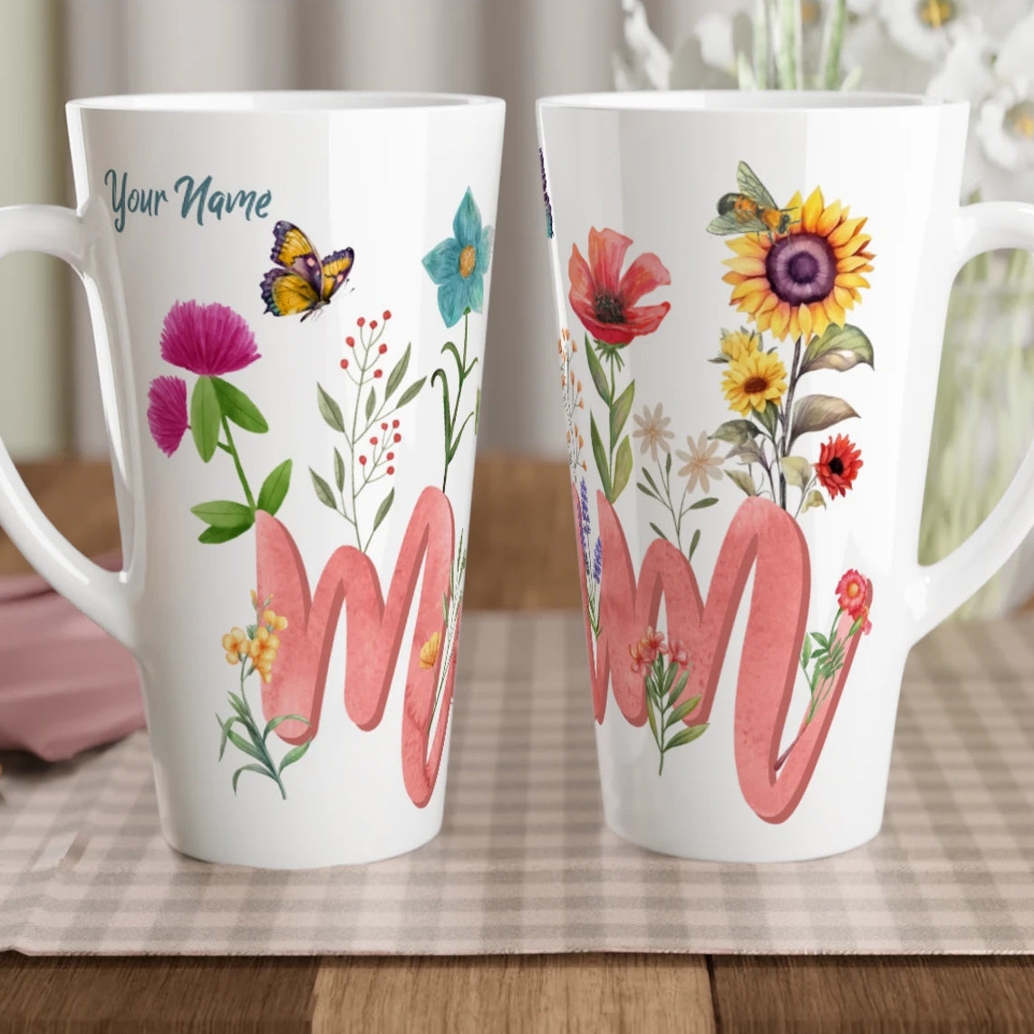Personalised - Mum With Flowers And Butterflies - White Latte 17oz Ceramic Mug Default Title Personalised Latte Mug Globally Fulfilled Mum