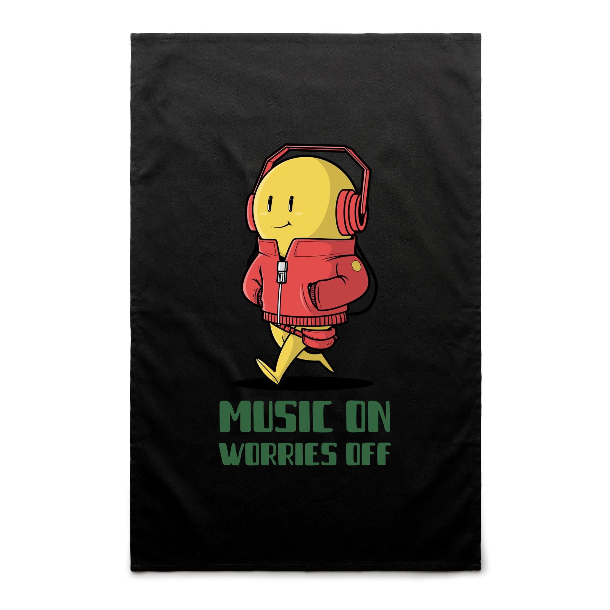 Music On, Worries Off - AS Colour Tea Towel Black One Size Tea Towel Music Printed In Australia