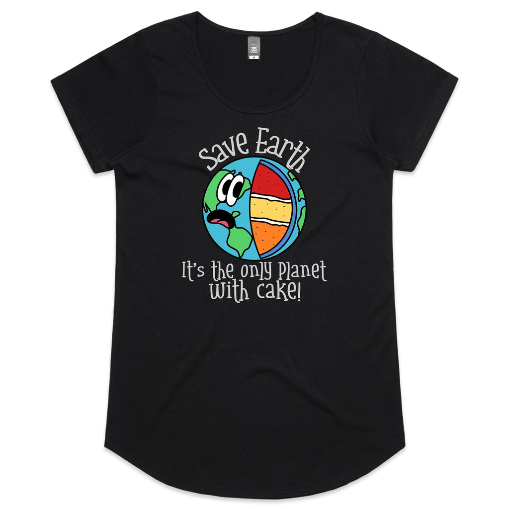 Save Earth, It's The Only Planet With Cake - Womens Scoop Neck T-Shirt Black Womens Scoop Neck T-shirt Environment Food Printed In Australia