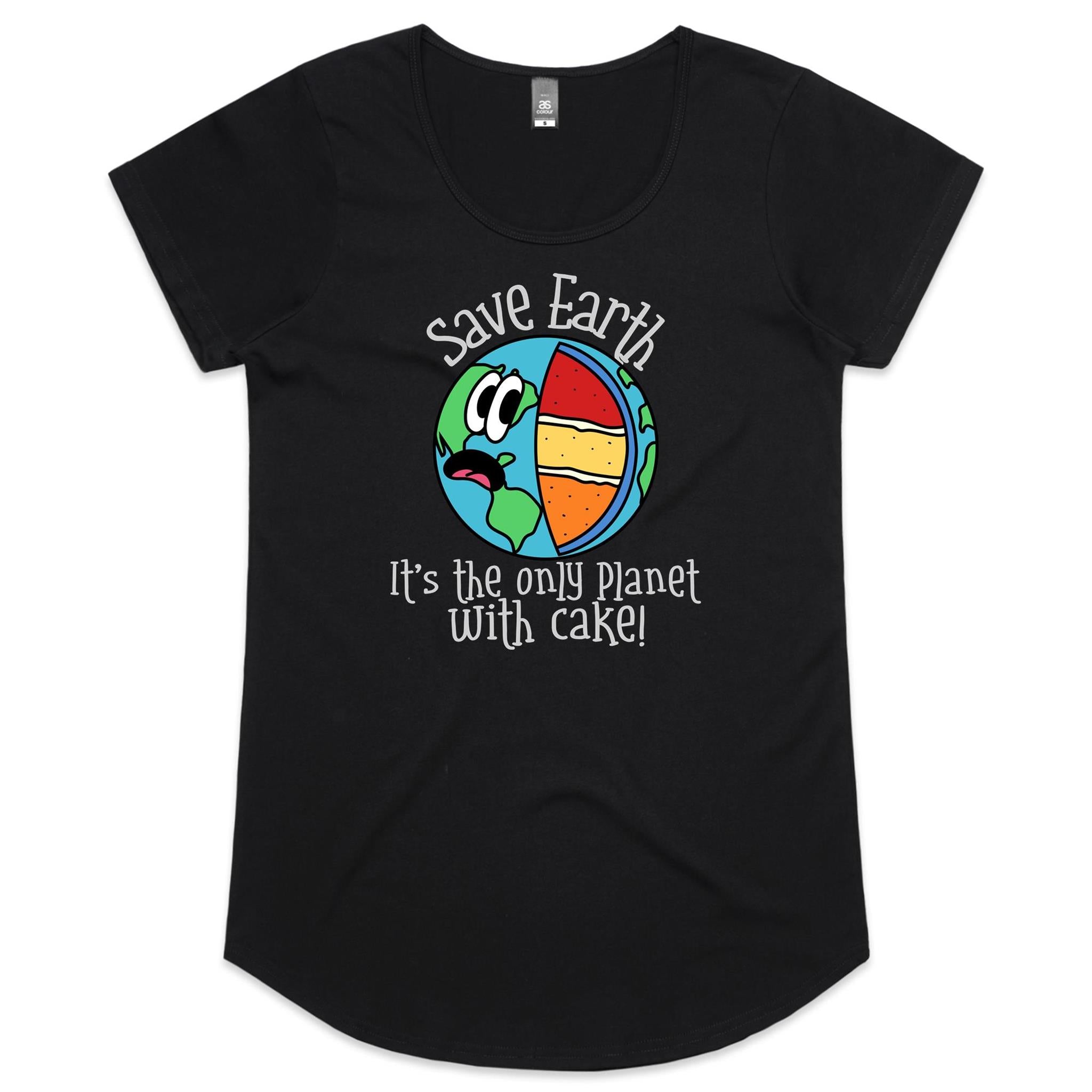 Save Earth, It's The Only Planet With Cake - Womens Scoop Neck T-Shirt Black Womens Scoop Neck T-shirt Environment Food Printed In Australia