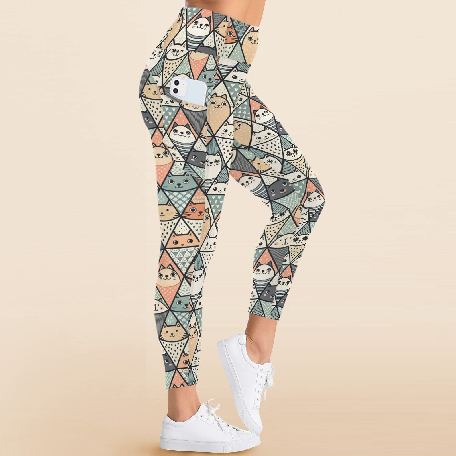Diamond Cat Pattern - Women's High Waist Pockets Yoga Leggings