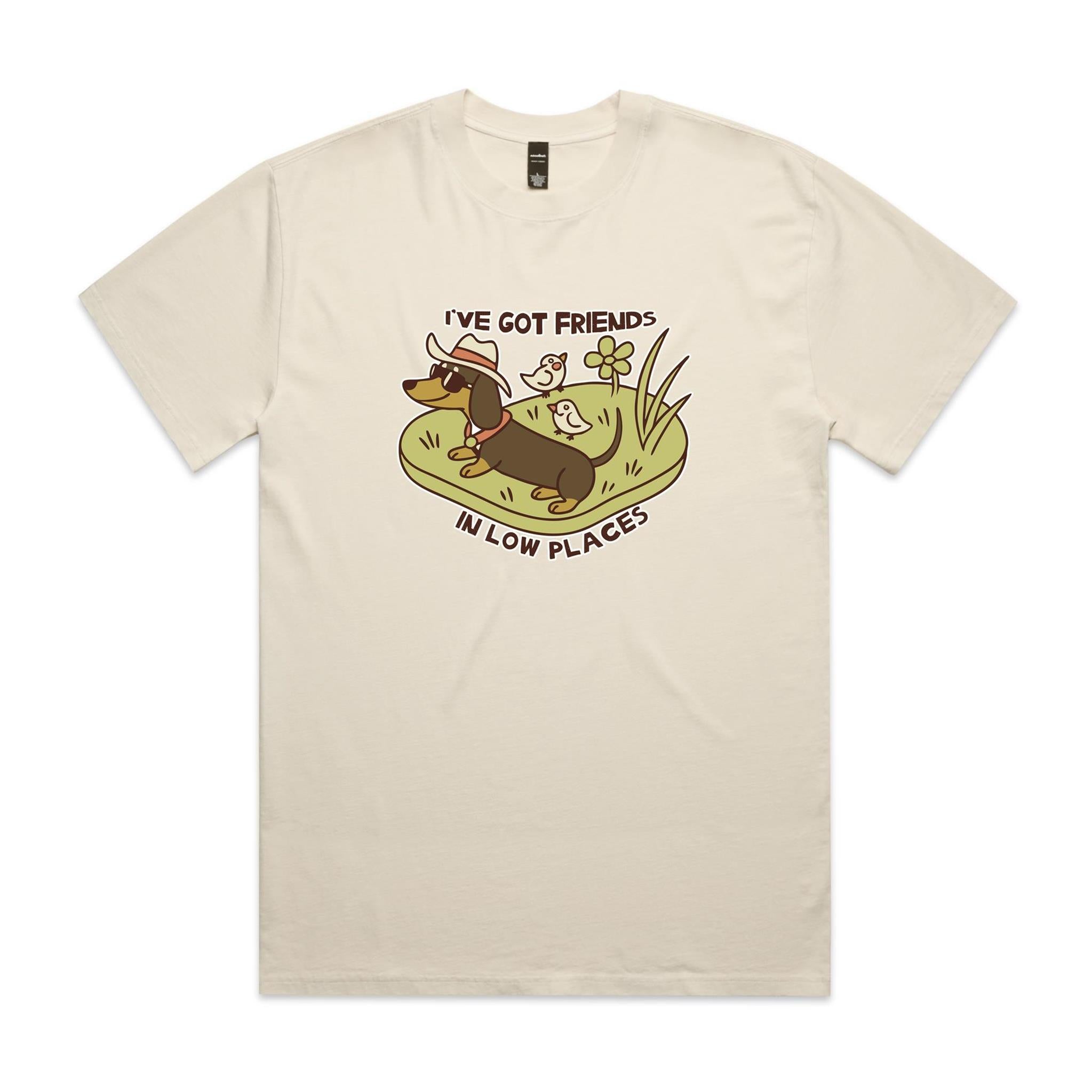 Dachshund, I've Got Friends In Low Places AS Colour Heavy Faded Tee Unisex Faded ecru Heavy Faded T-shirt animal Printed In Australia