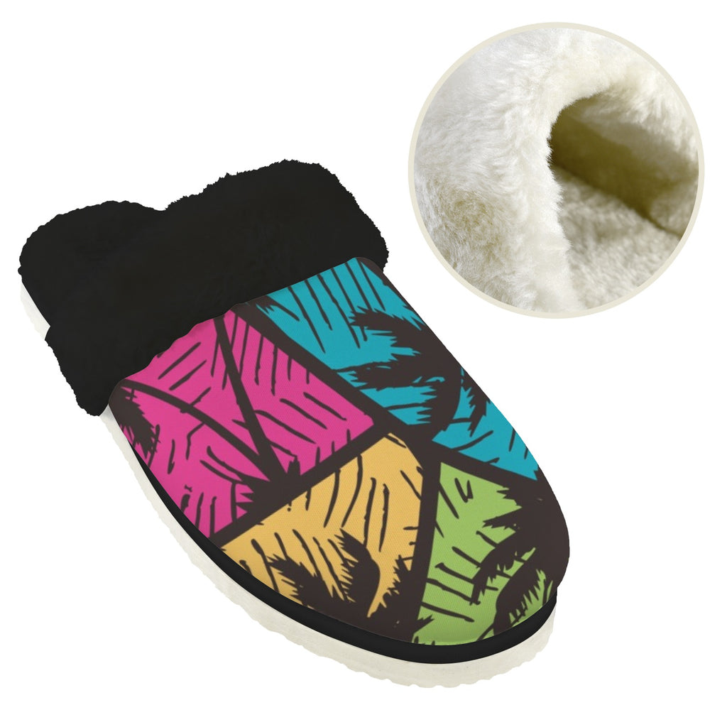 Palm Trees Men's Fur Trim Thick-Sole Indoor Slippers Men's Fur Trimmed Slippers Printed Offshore Surf