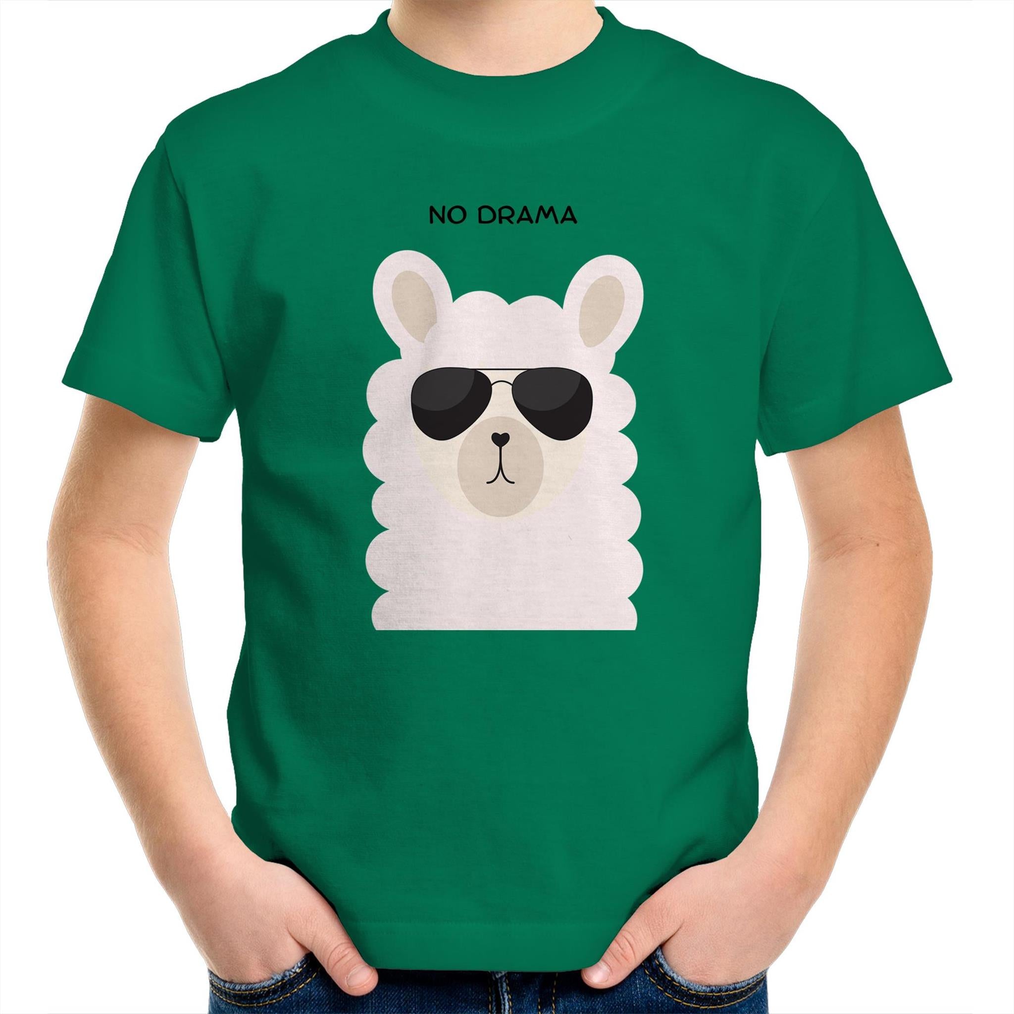 No Drama Llama - Kids Youth T-Shirt Kelly Green Kids Youth T-shirt animal Printed In Australia