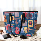 Music Instruments Blue - Leather Tote Bag-Large