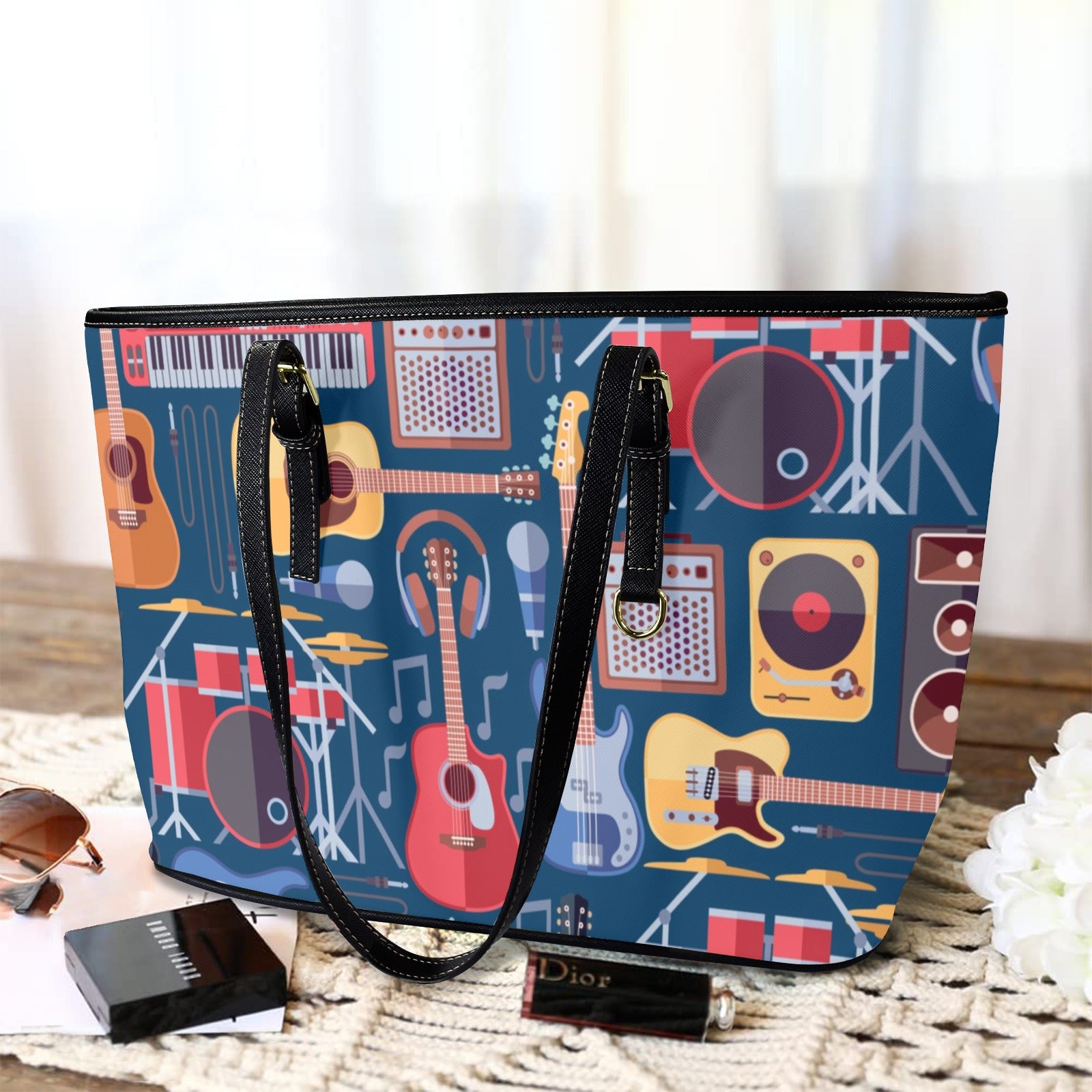 Music Instruments Blue - Leather Tote Bag-Large