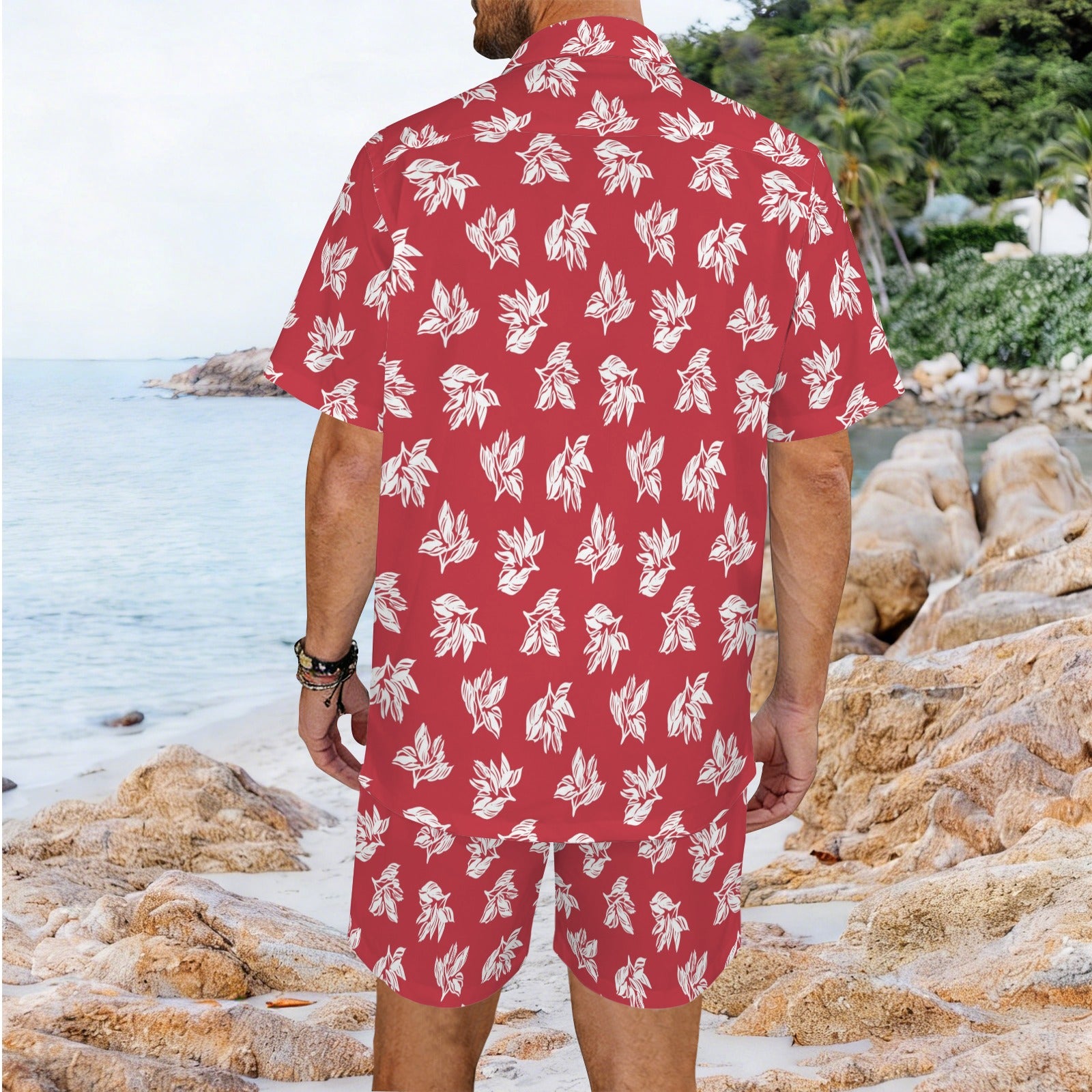 Red Retro Foliage - Men's Hawaiian Shirt & Shorts Set