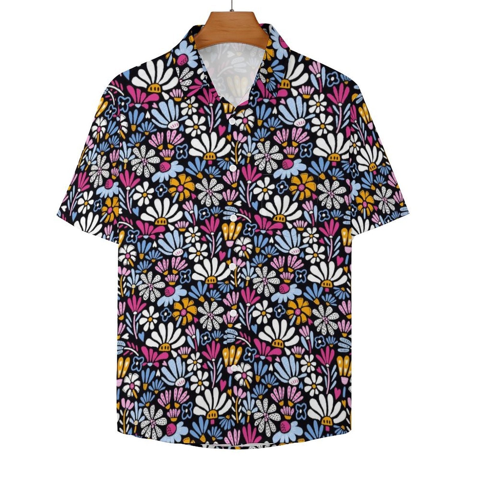 Graphic Flowers On Black - Women's Short-Sleeve Button Up Shirt