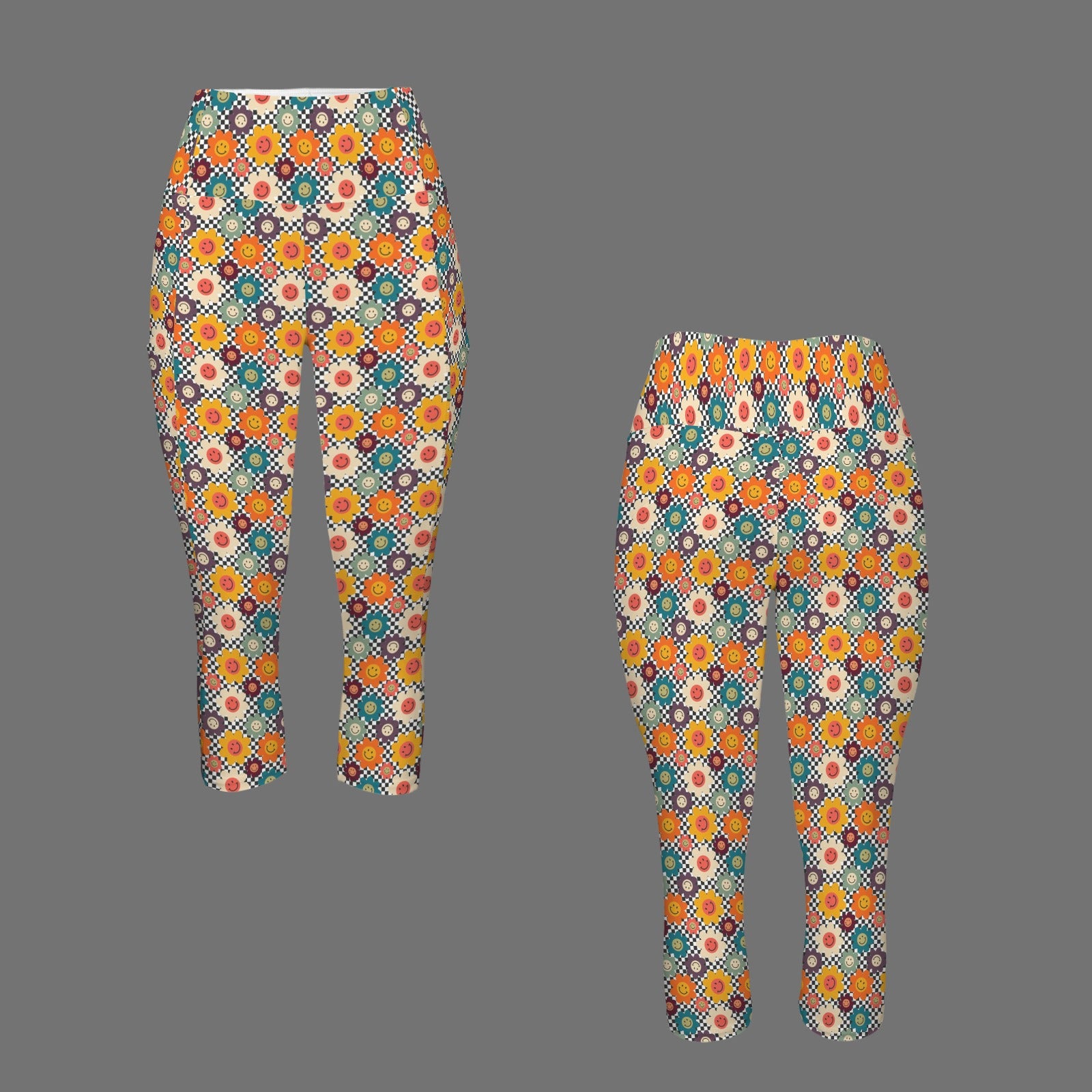 Happy Retro Flowers Women's High Waist Pocket Capri Yoga Leggings Women's High Waist Capri Yoga Leggings Printed Offshore Retro