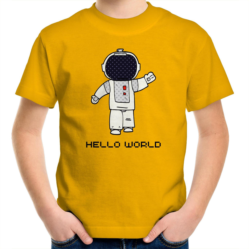 Astronaut, Hello World - Kids Youth T-Shirt Gold Kids Youth T-shirt Printed In Australia Space