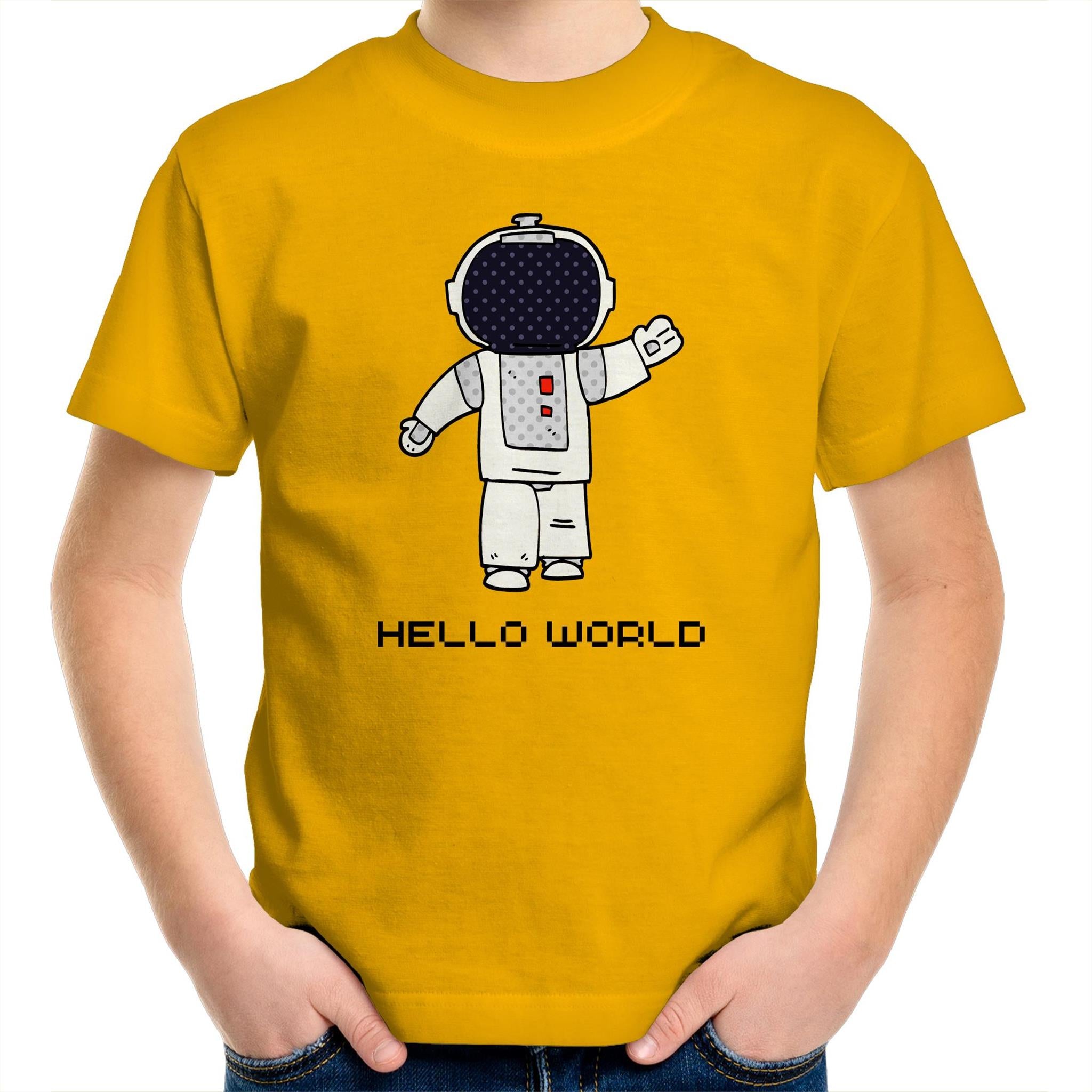 Astronaut, Hello World - Kids Youth T-Shirt Gold Kids Youth T-shirt Printed In Australia Space