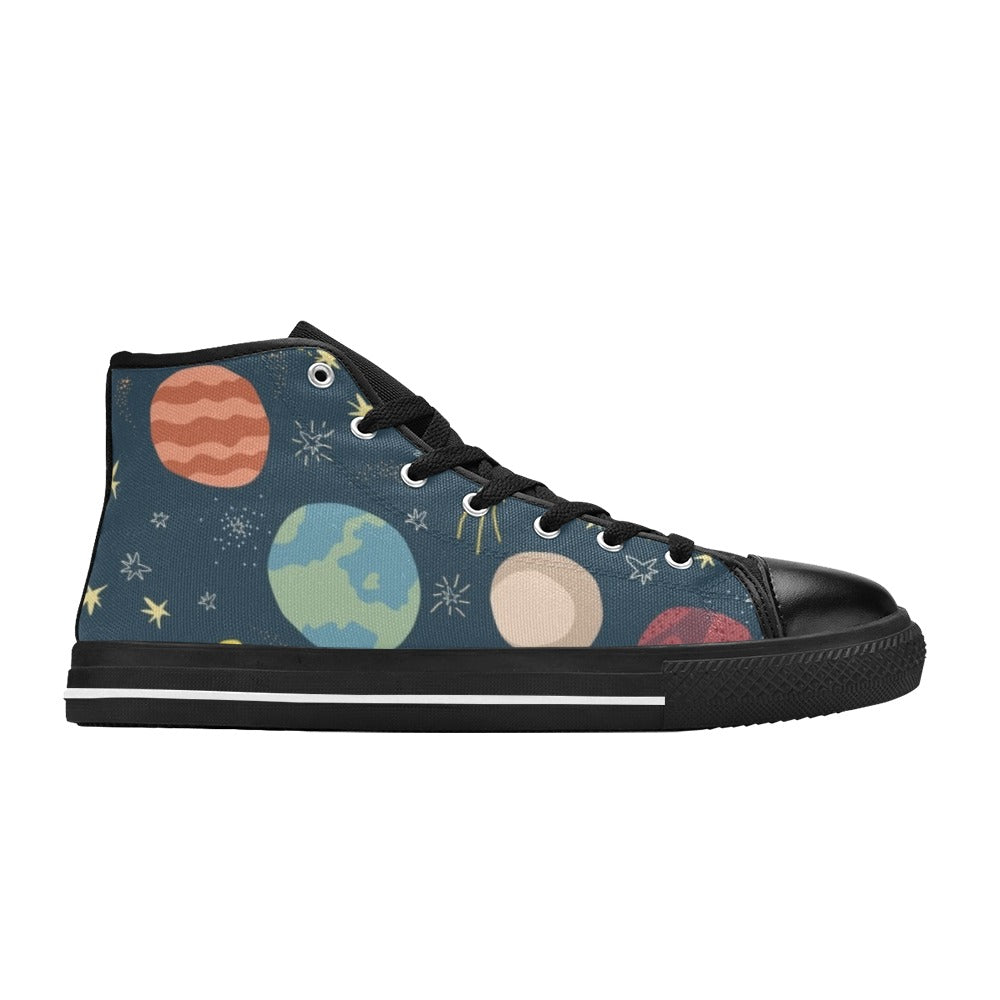 Rocket and Planets In Space - Kids High Top Canvas Shoes