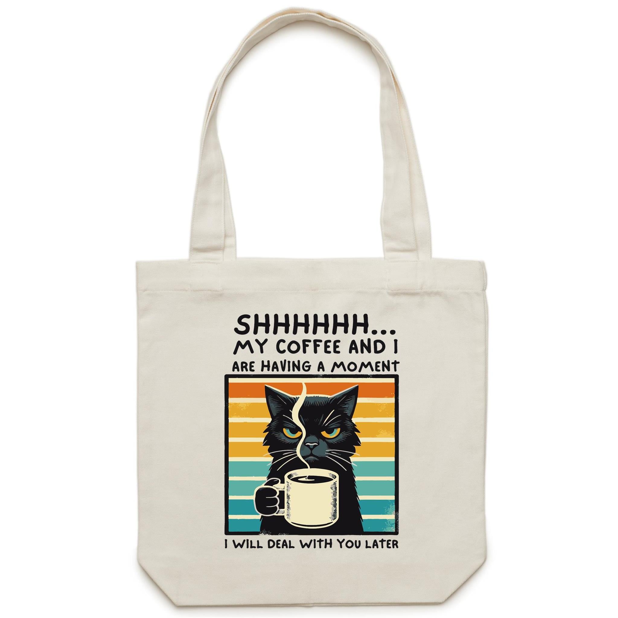 Shhh, My Coffee And I Are Having A Moment, Cat - Canvas Tote Bag Default Title Tote Bag animal Coffee Printed In Australia